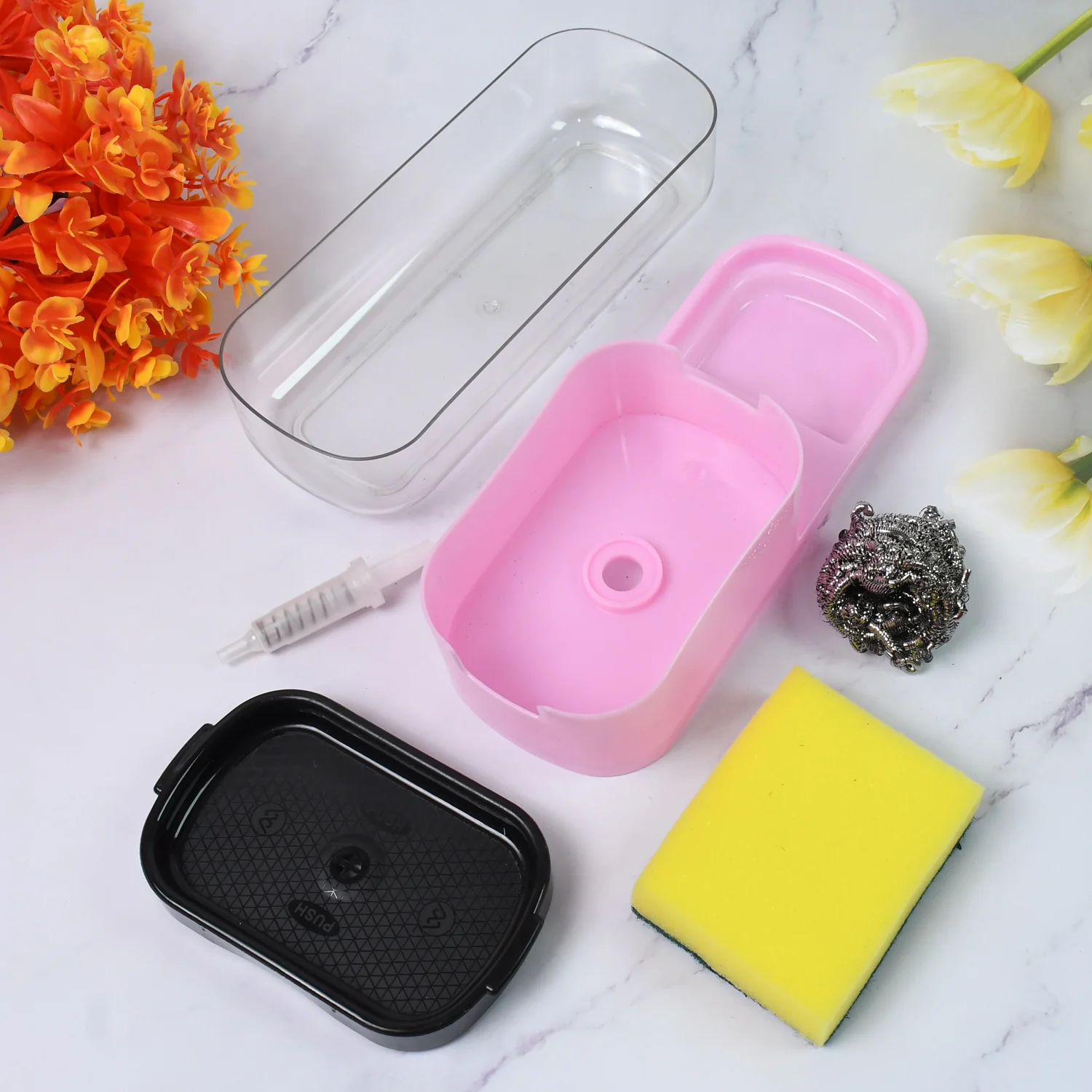 2 in 1 Plastic Dish Soap Liquid Dispenser Sponge Holder ,Sabudani  (1 Set) - Image 3