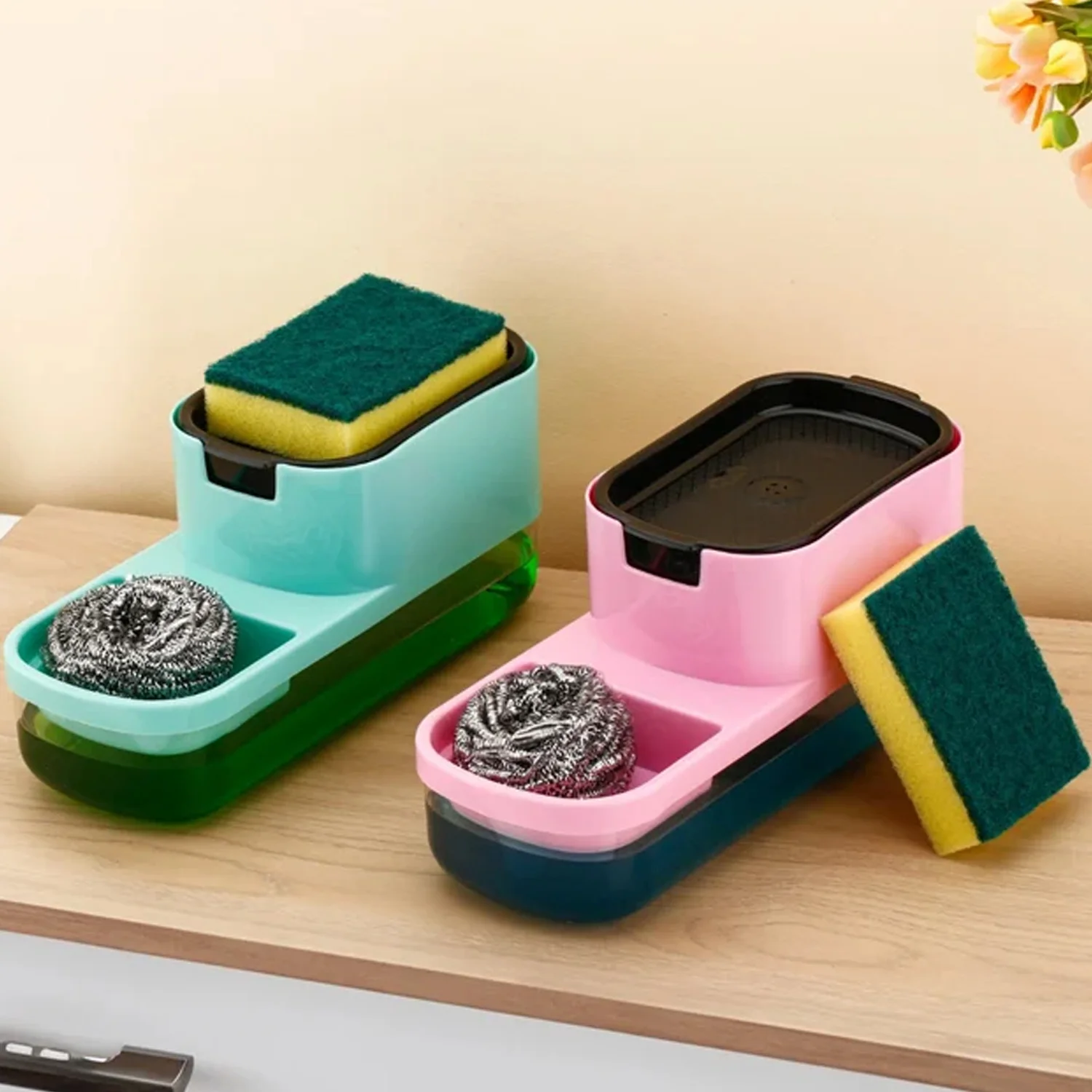 2 in 1 Plastic Dish Soap Liquid Dispenser Sponge Holder ,Sabudani  (1 Set) - Image 9