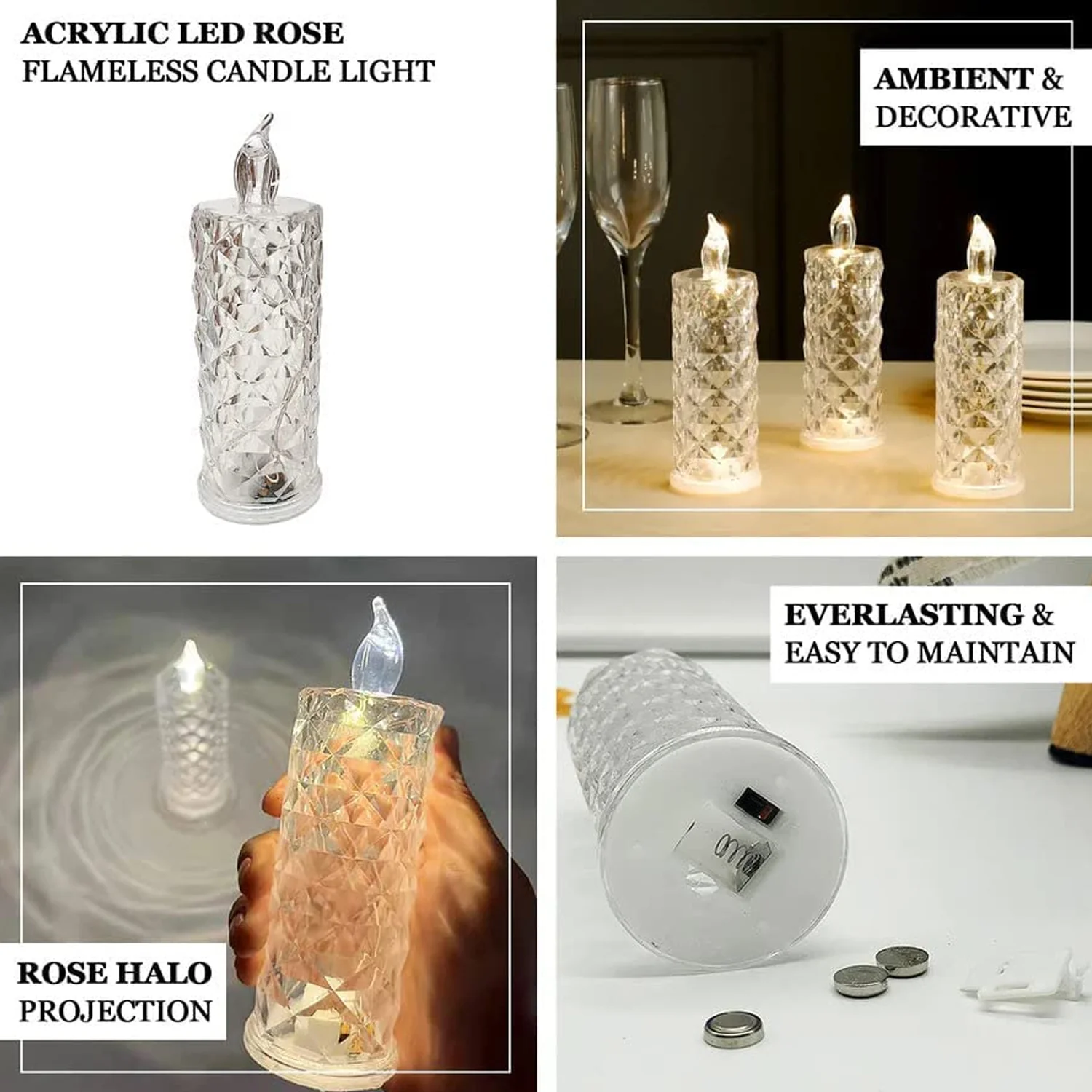Rose Candles LED Flameless and Smokeless Decorative Acrylic Transparent Candles Led Tea Light Candle Perfect for Gifting, Home, Diwali, Christmas, Crystal Candle Lights, Diwali (1 Pc)  (MOQ :- 12 pc ) - Image 8