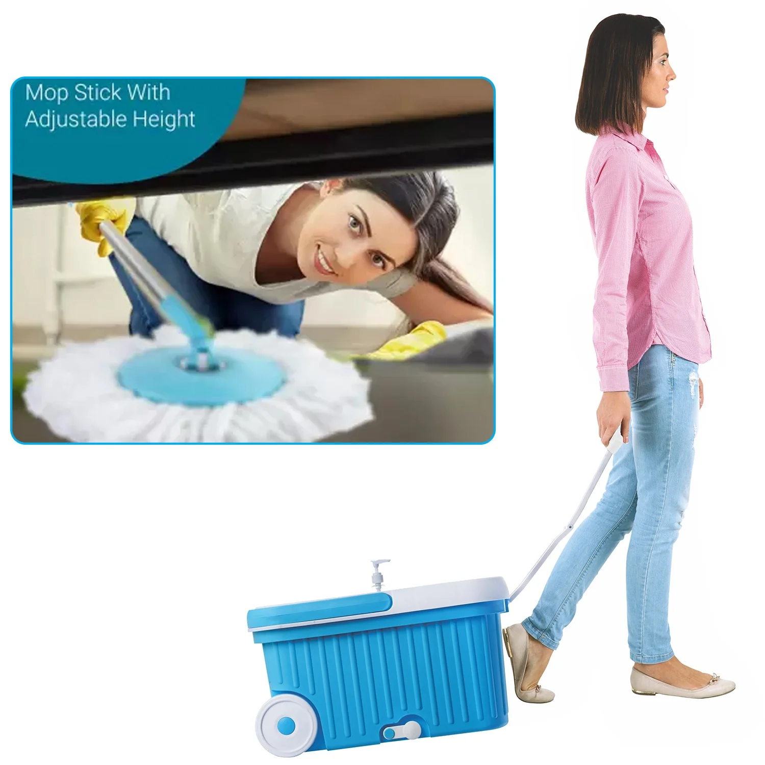 Sporty Plastic Spin Mop with Bigger Wheels & Auto Fold Handle for 360° Cleaning - Image 6