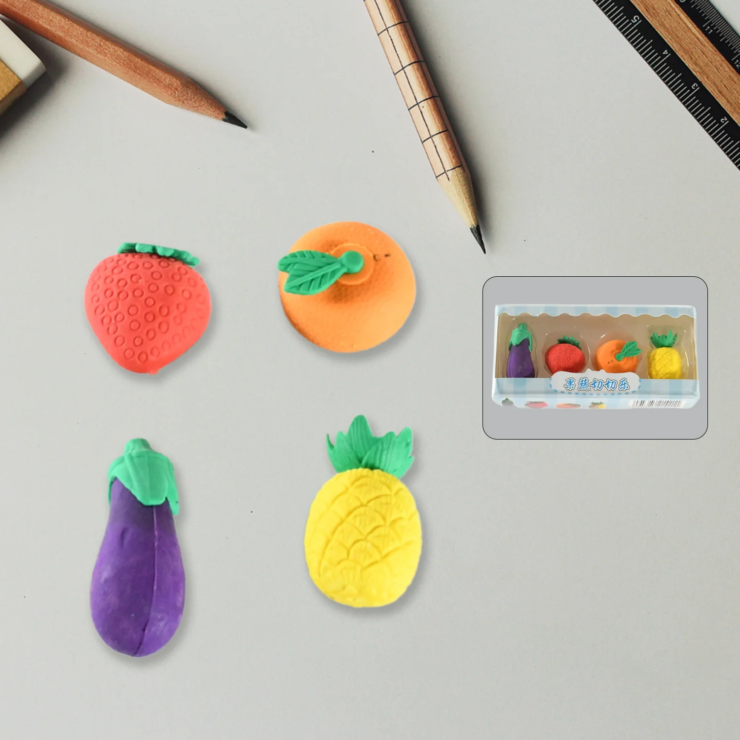 Mini Cute Veg & Fruit Erasers – 3D Colorful Eraser Set for Kids (4 Pc) - Image 6