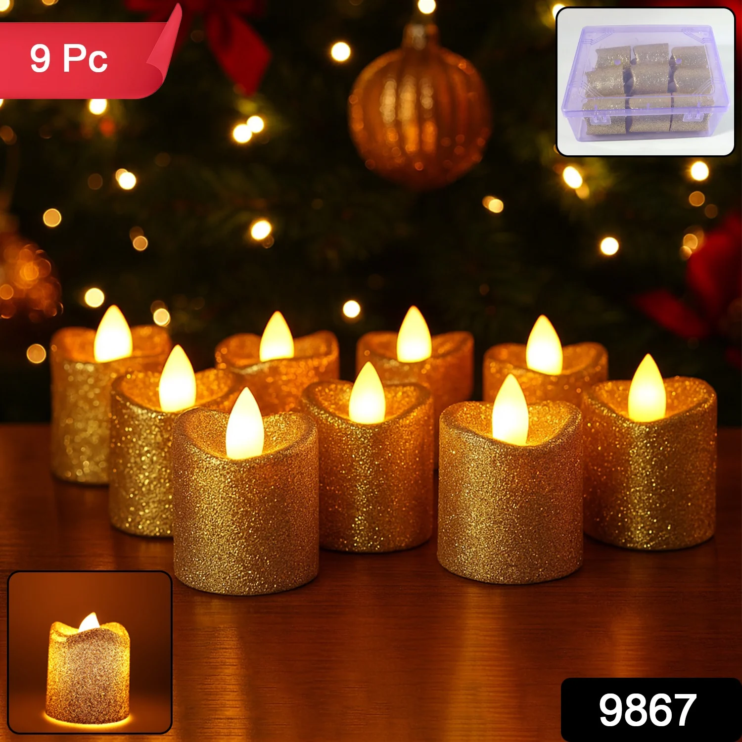 Christmas Premium Glitter LED Tealight Candles (9 Pc Set) - Image 2