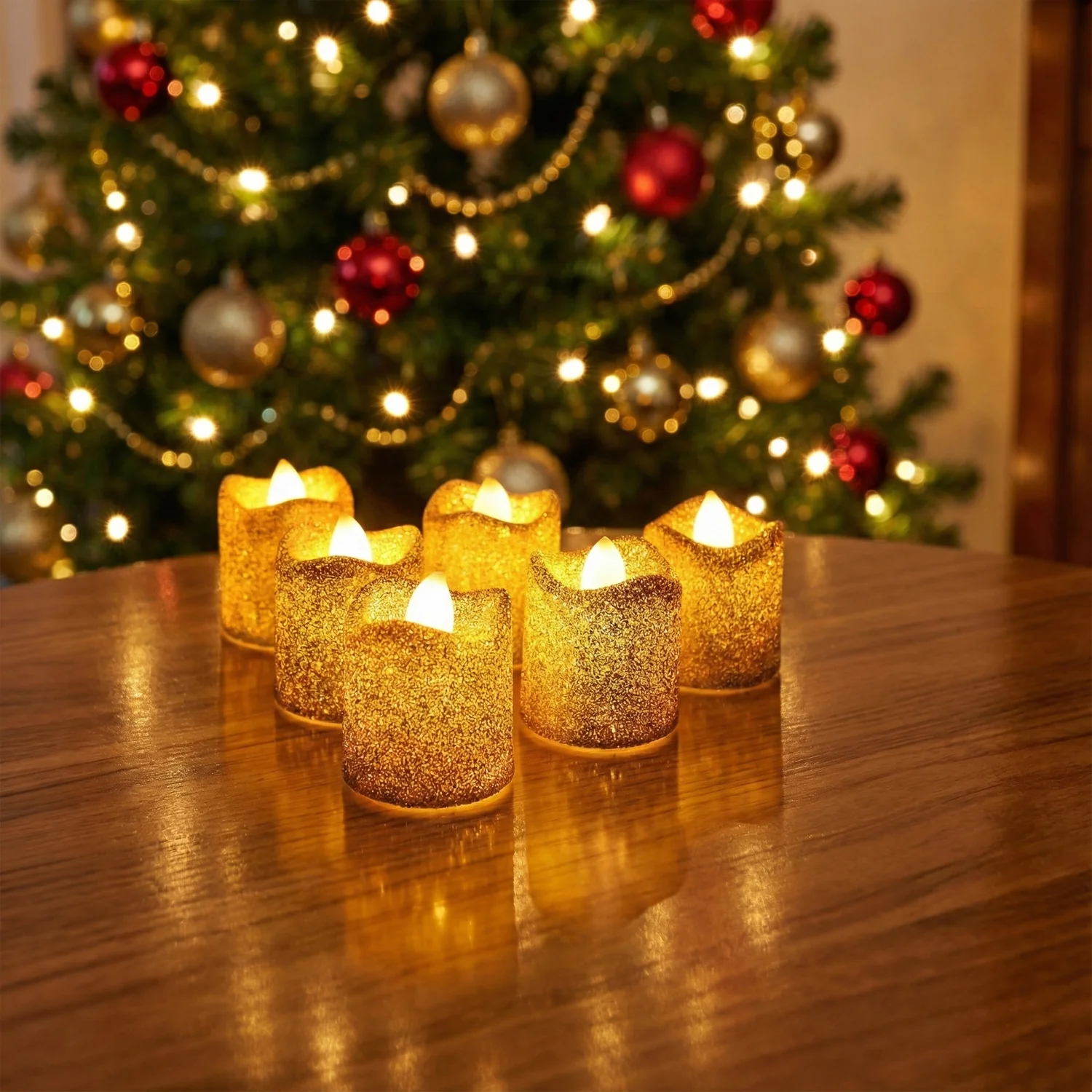 Christmas Premium Glitter LED Tealight Candles (6 Pc Set) - Image 4