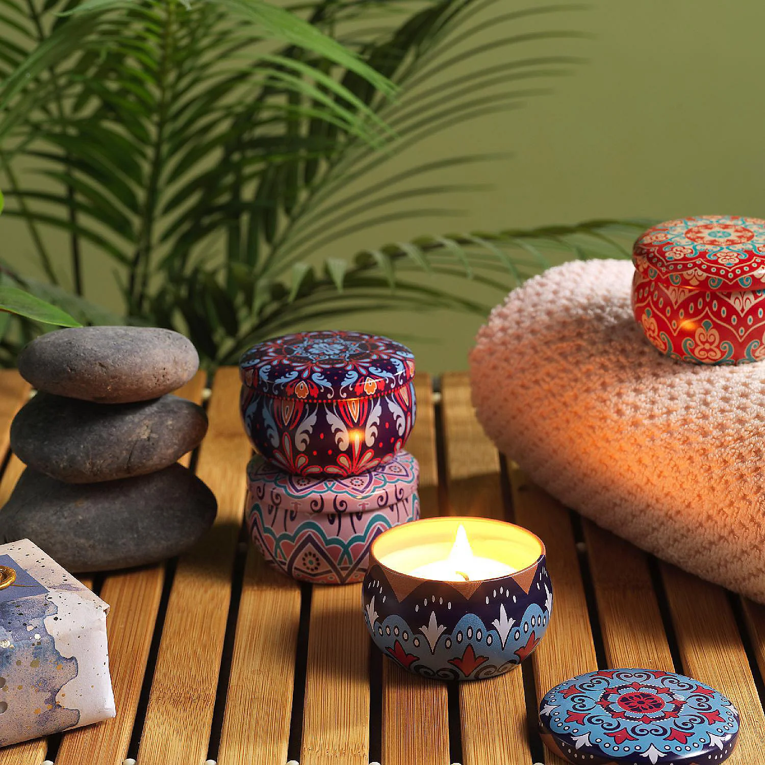 Premium Decorative Mandala Printed Metal Candle Container (4 Pc) - Image 10