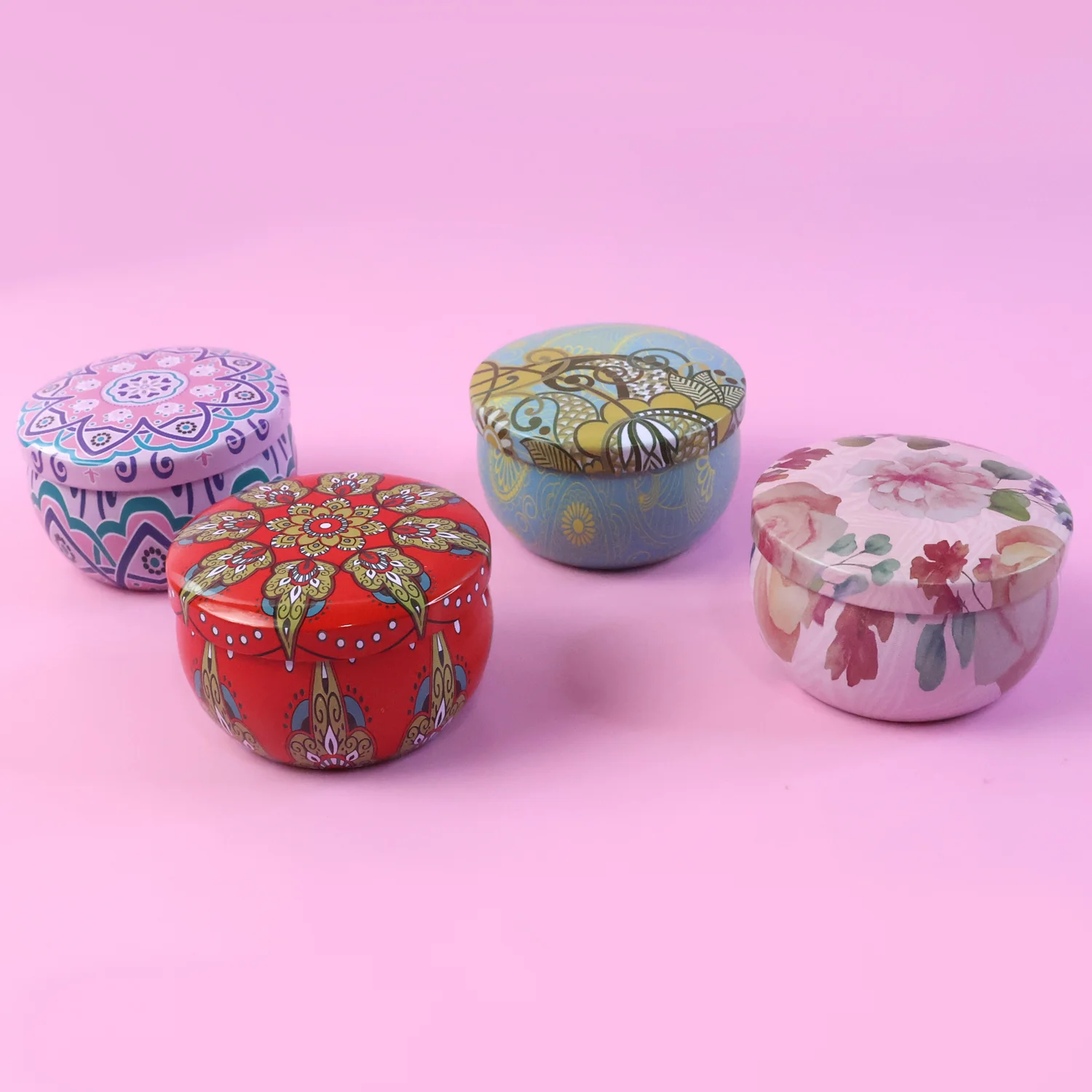 Premium Decorative Mandala Printed Metal Candle Container (4 Pc) - Image 12