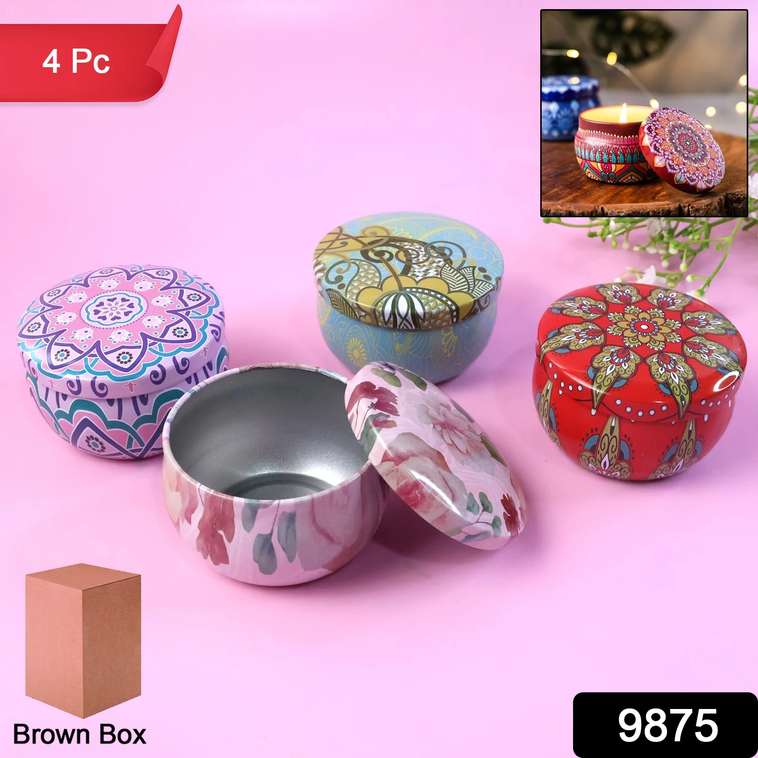 Premium Decorative Mandala Printed Metal Candle Container (4 Pc) - Image 2