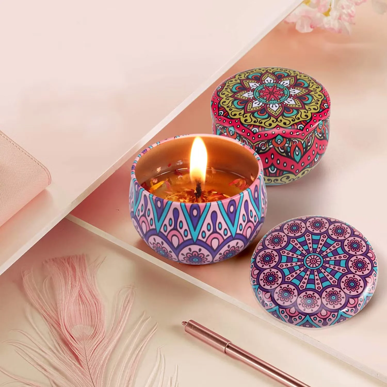 Premium Decorative Mandala Printed Metal Candle Container (4 Pc) - Image 3
