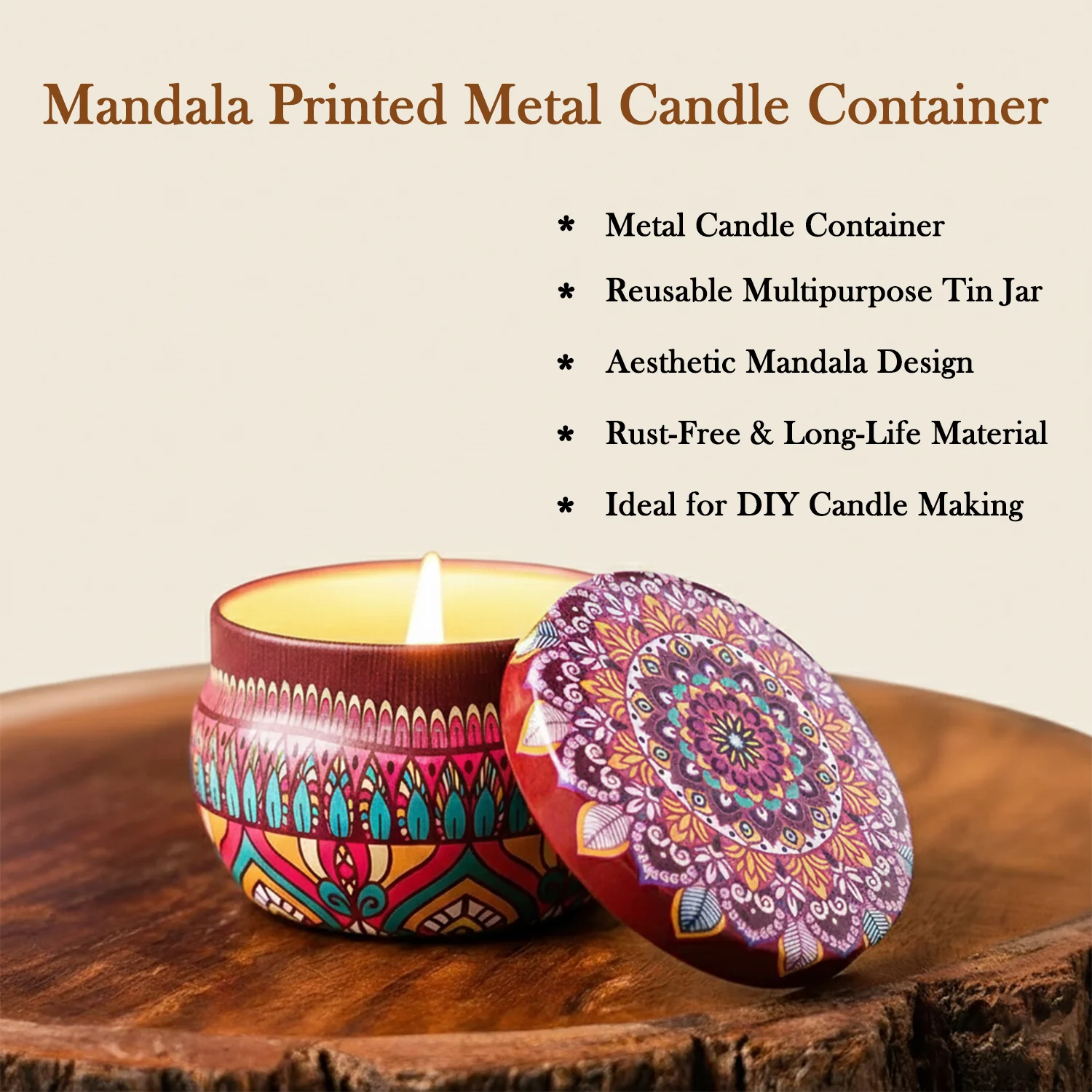 Premium Decorative Mandala Printed Metal Candle Container (4 Pc) - Image 4