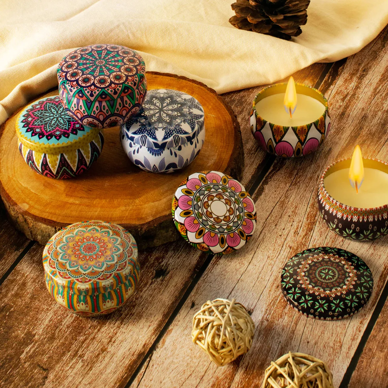 Premium Decorative Mandala Printed Metal Candle Container (4 Pc) - Image 6