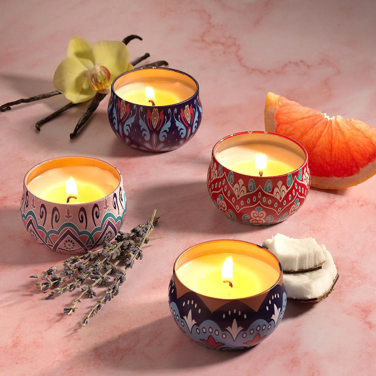 Premium Decorative Mandala Printed Metal Candle Container (4 Pc) - Image 7