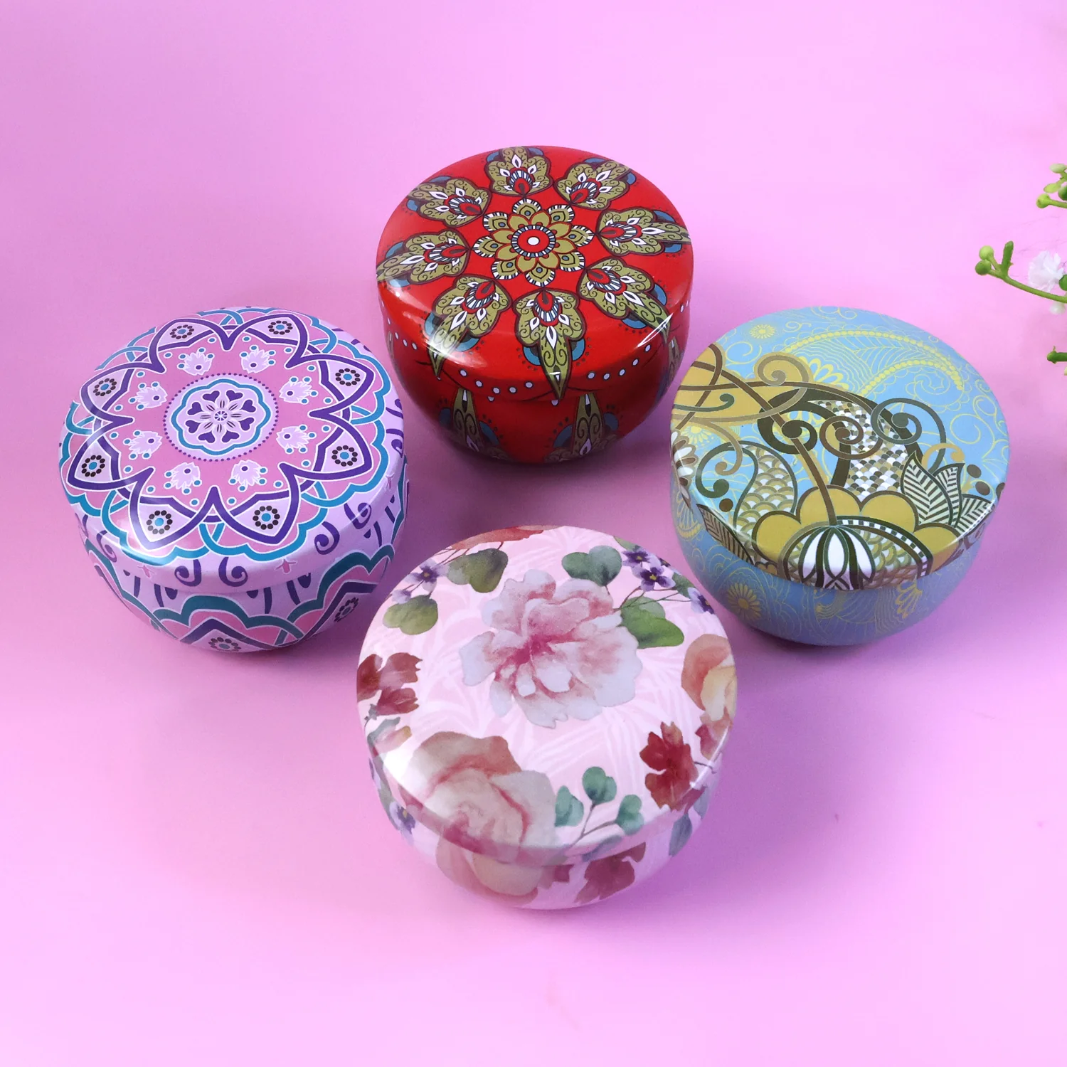 Premium Decorative Mandala Printed Metal Candle Container (4 Pc) - Image 8