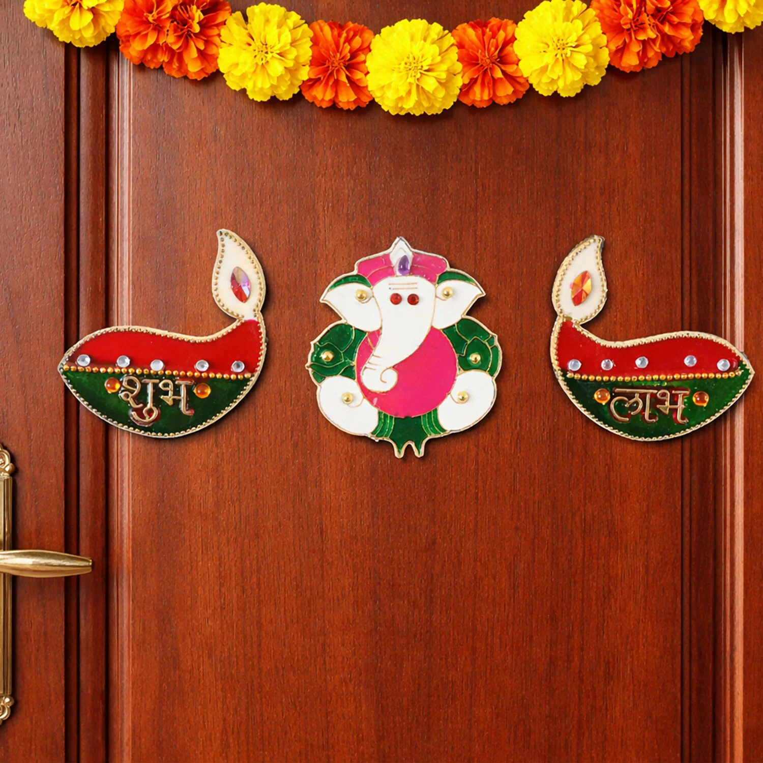 Acrylic Meenakari Diya Ganesh Shubh Labh Door Hanging – Set of 3 - Image 2