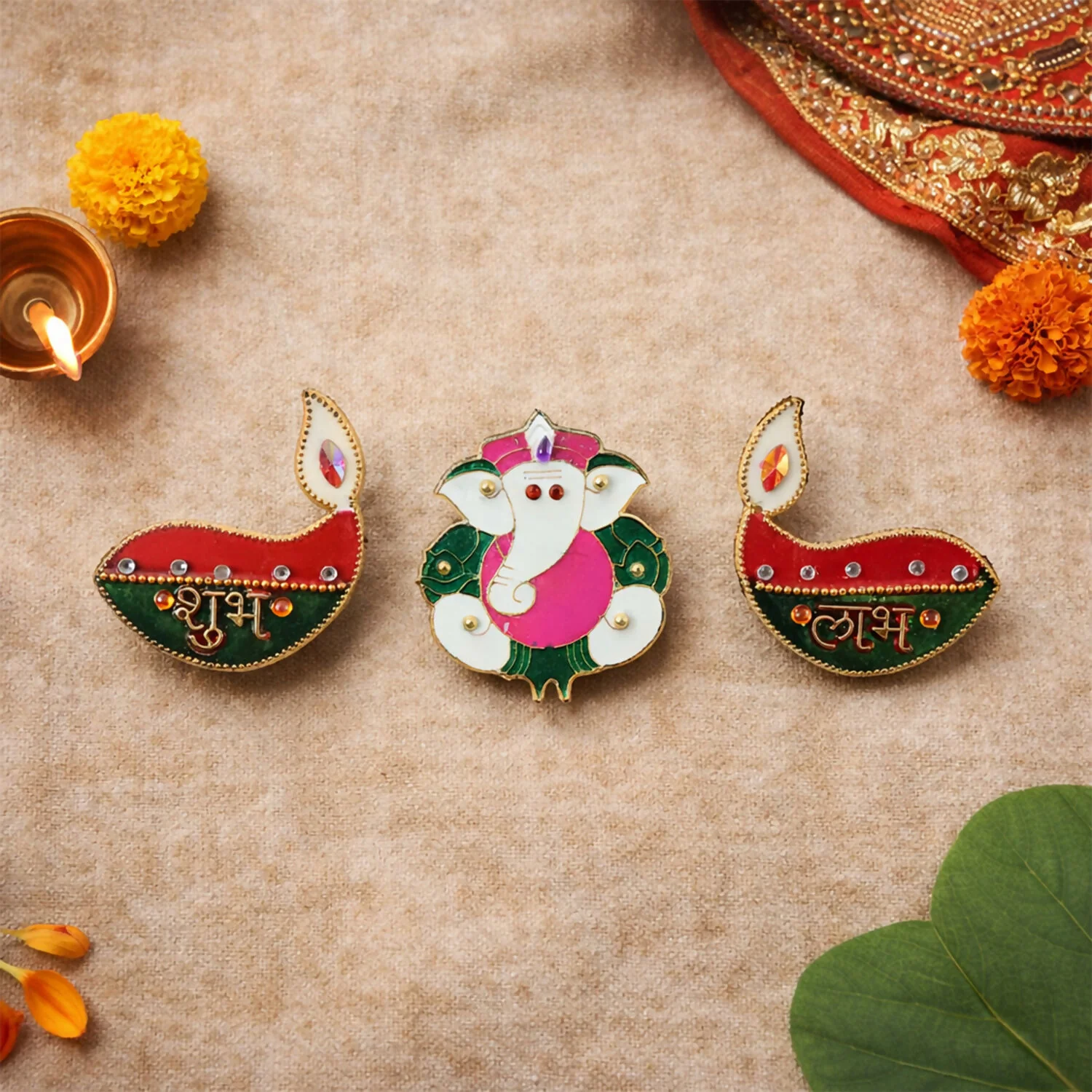 Acrylic Meenakari Diya Ganesh Shubh Labh Door Hanging – Set of 3 - Image 3