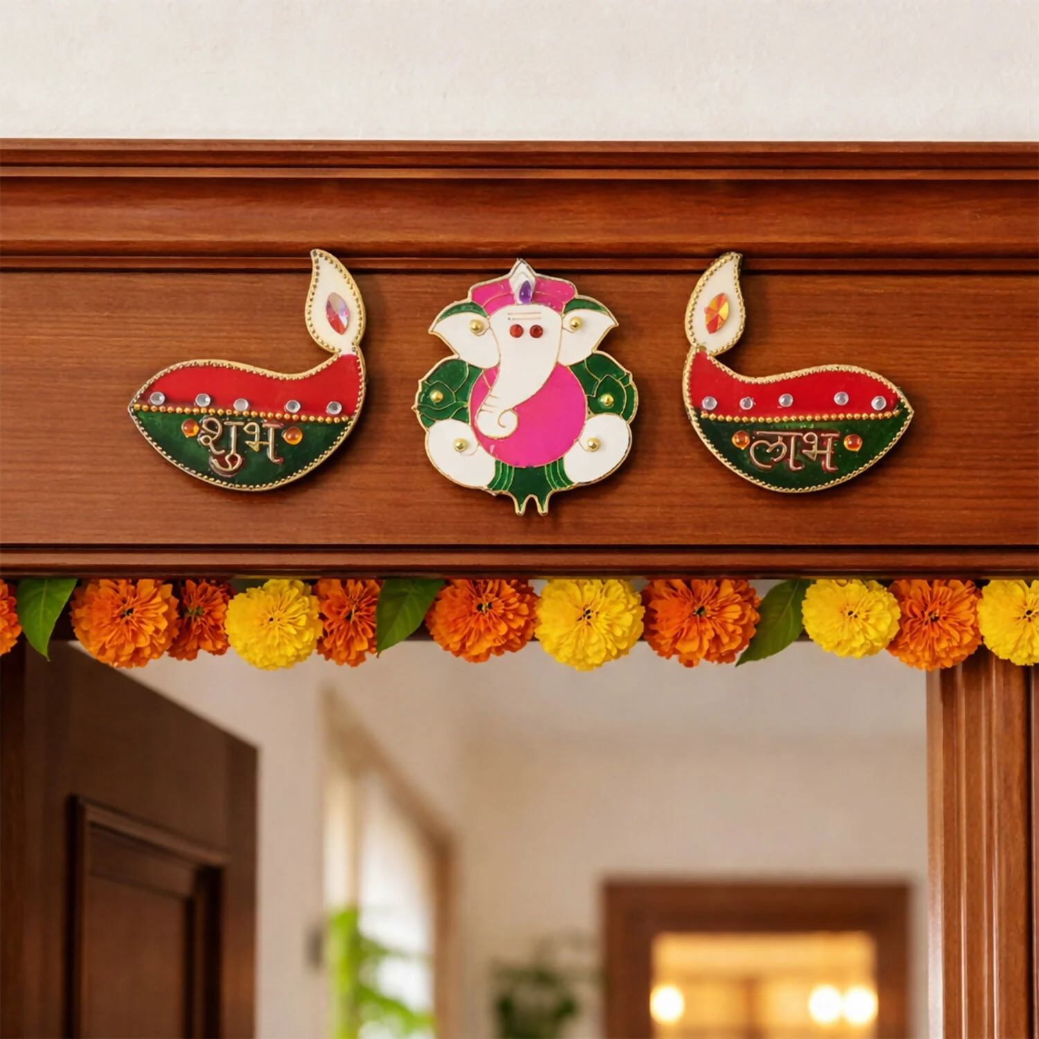 Acrylic Meenakari Diya Ganesh Shubh Labh Door Hanging – Set of 3 - Image 4
