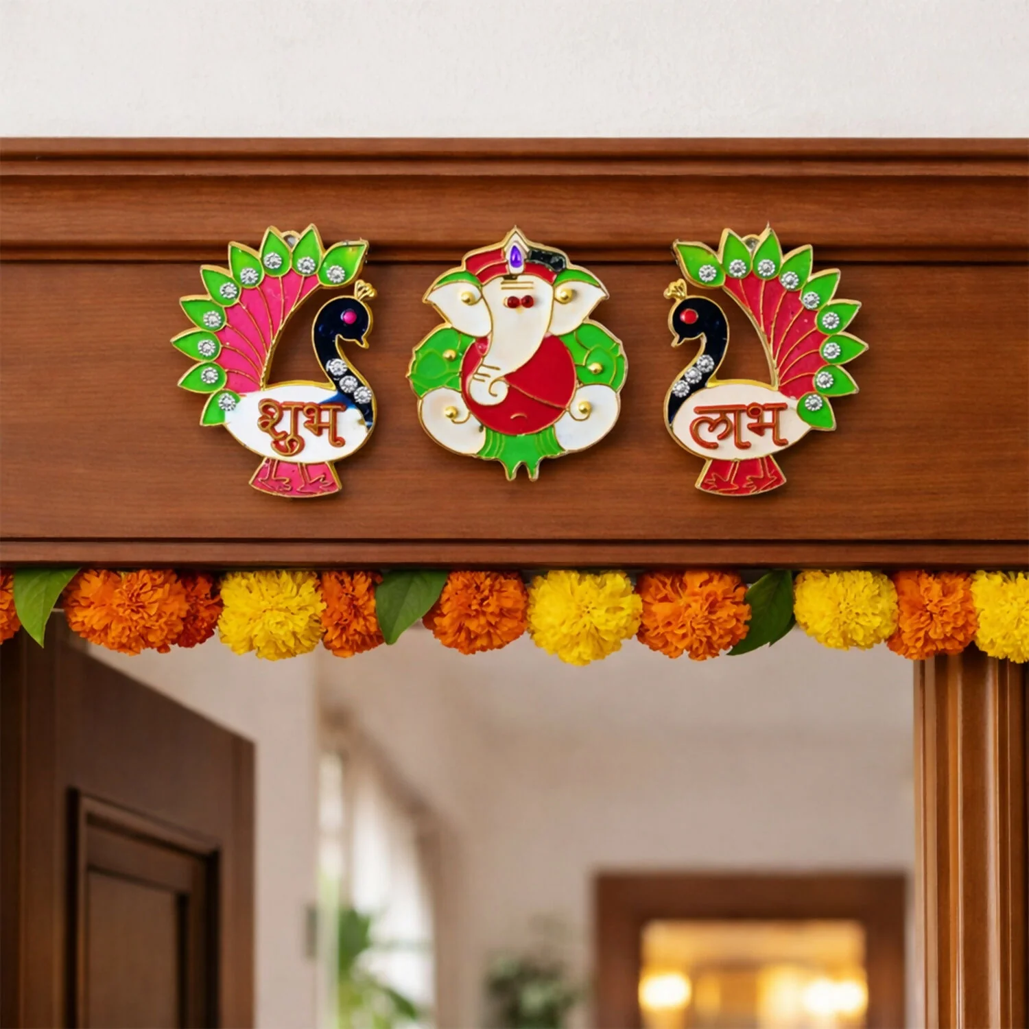 Acrylic Meenakari Peacock Ganesh Shubh Labh Door Hanging – Set of 3 - Image 2
