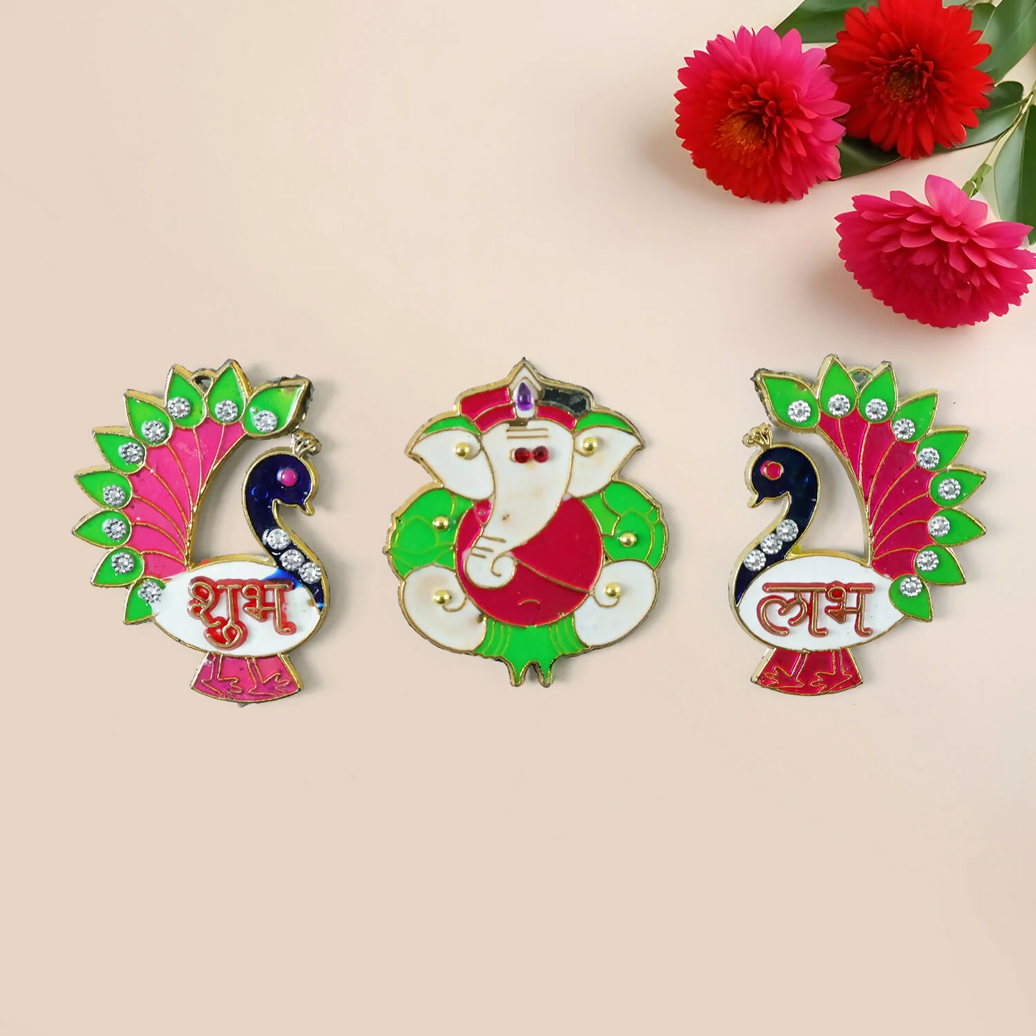 Acrylic Meenakari Peacock Ganesh Shubh Labh Door Hanging – Set of 3 - Image 3