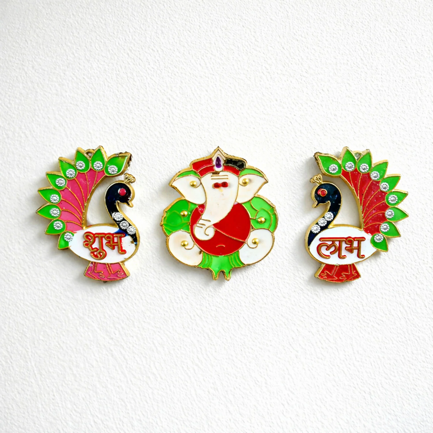 Acrylic Meenakari Peacock Ganesh Shubh Labh Door Hanging – Set of 3 - Image 4