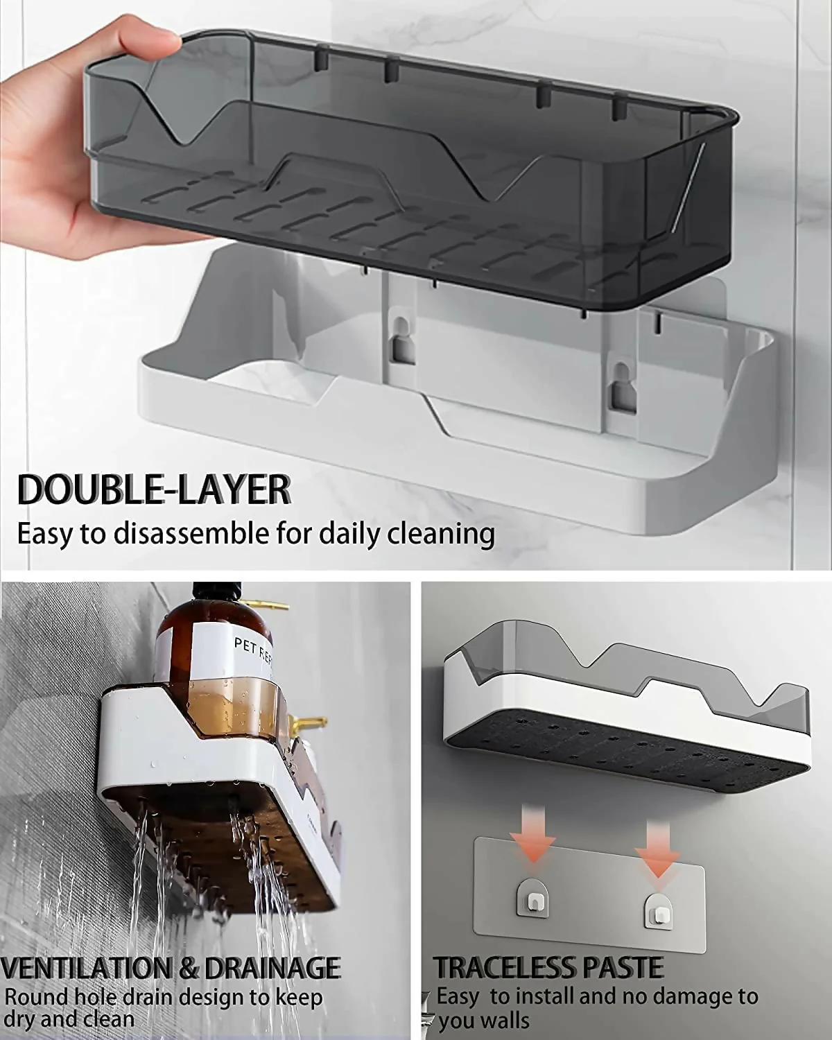 Adhesive Storage Rack, Wall Mounted Plastic Shelf Organizer for Bathroom (pack of 1) - Image 3