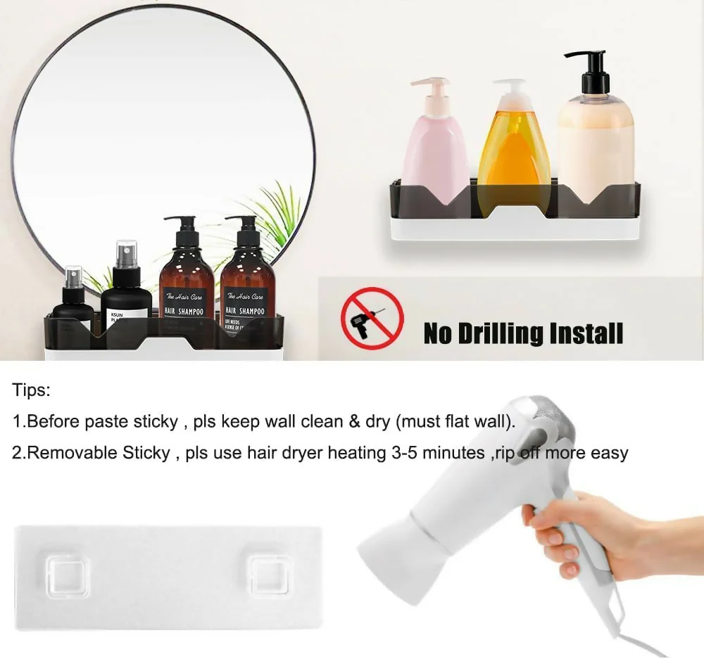Adhesive Storage Rack, Wall Mounted Plastic Shelf Organizer for Bathroom (pack of 1) - Image 7
