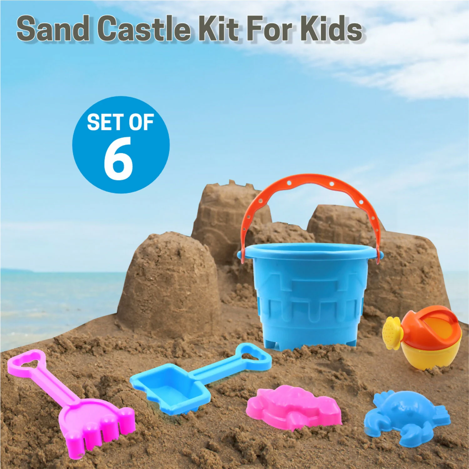 Aditi Kids Beach Sand Toy Set with Bucket, Shovels and Moulds, Safe ABS Plastic Play Set 6PC - Image 2