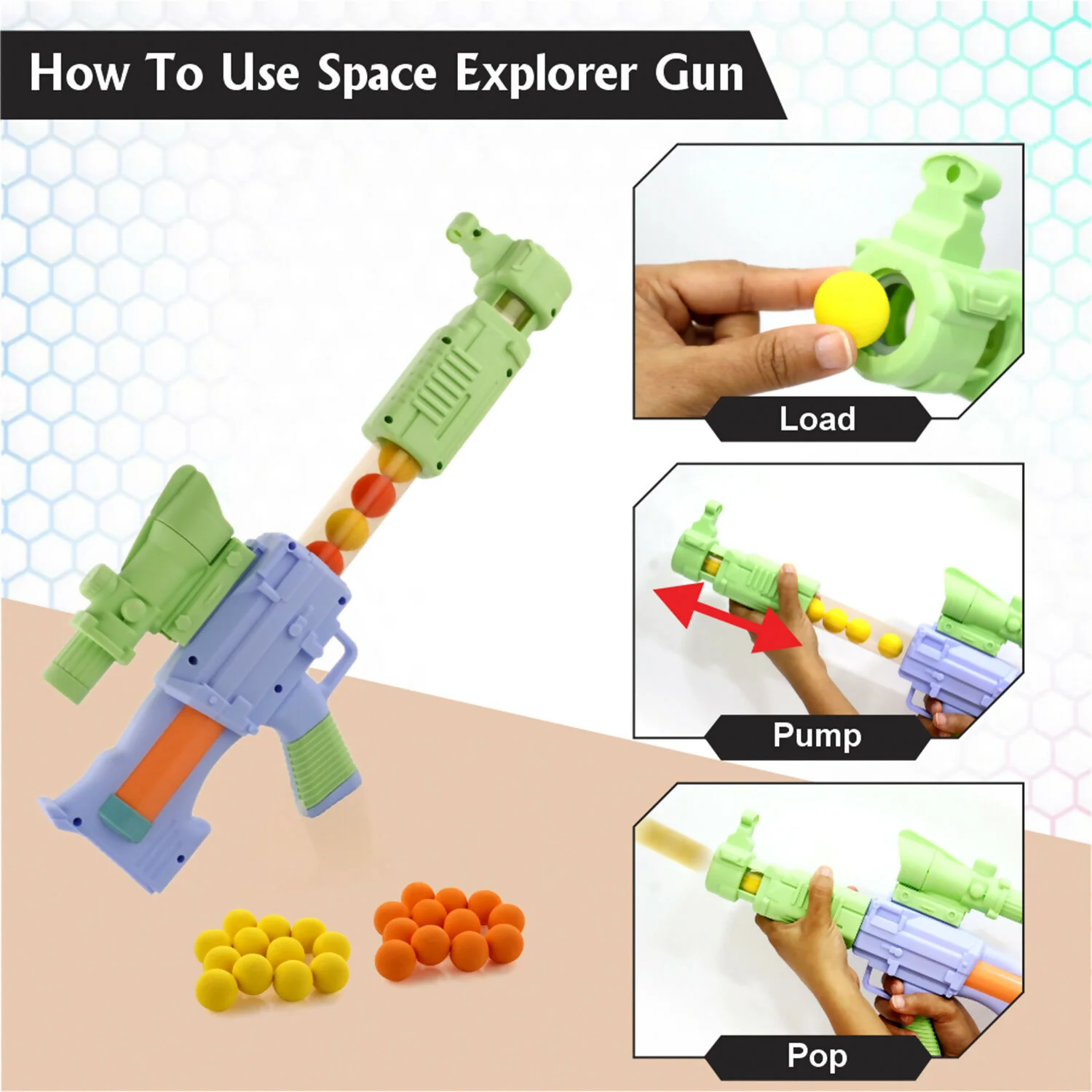 Aditi Toys Space Explorer Pneumatic Gun Include 12 Orange & 12 Yellow Soft Foam Ball - Image 4