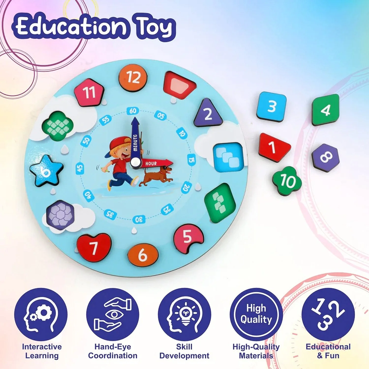 Aditi Wooden Educational Learning Clock Toy with Movable Hands - Image 4