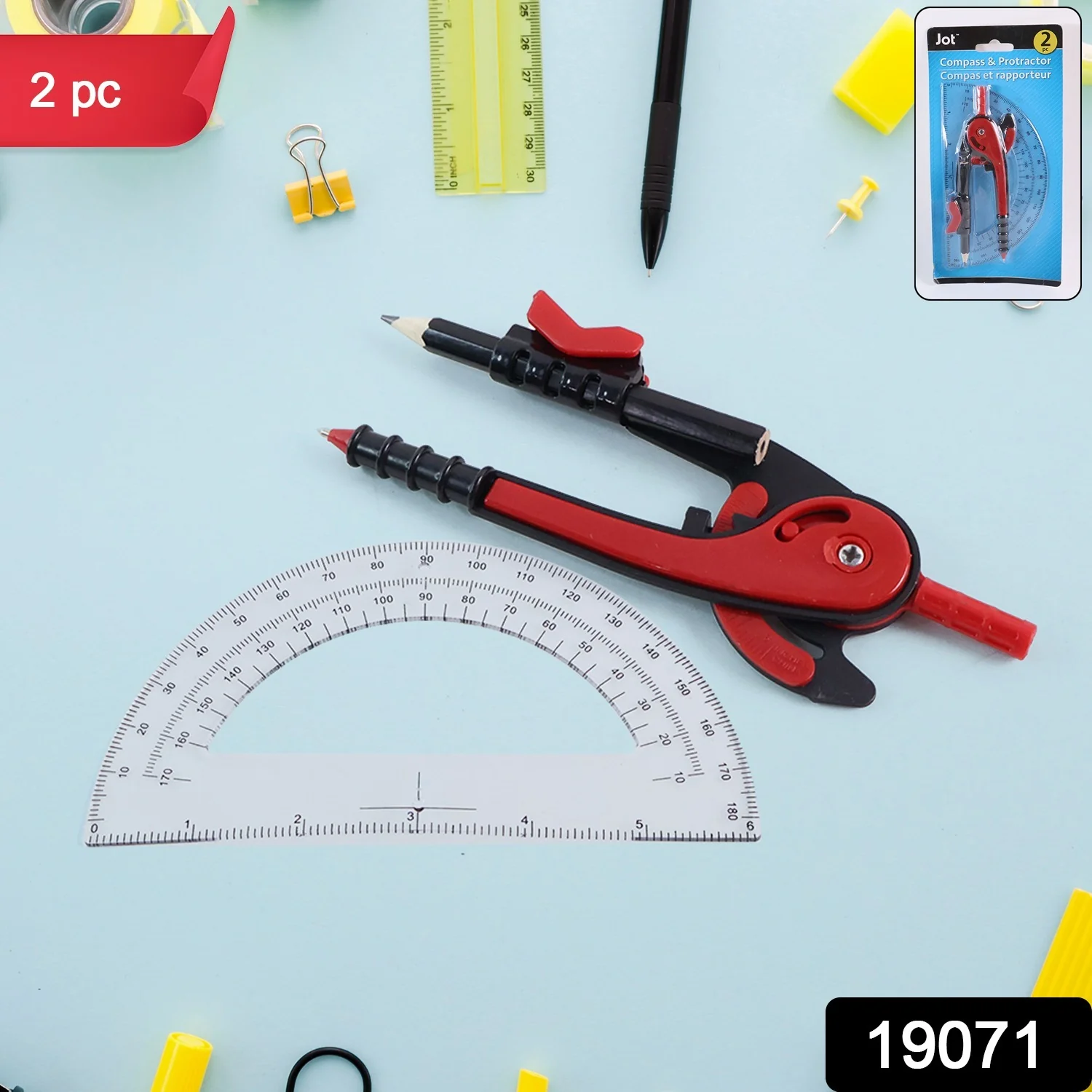2 Pc Geometry Set – Built-in Pencil Grip & Transparent Plastic Protractor - Image 2