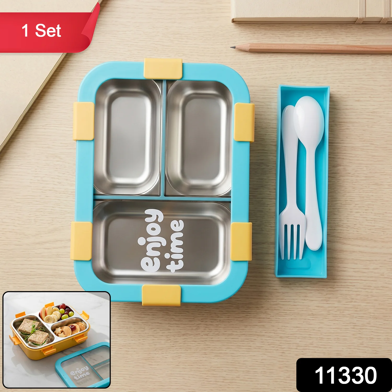 Airtight 3 Compartment Stainless Steel Lunch Box with Spoon & Fork – 600ml - Image 2