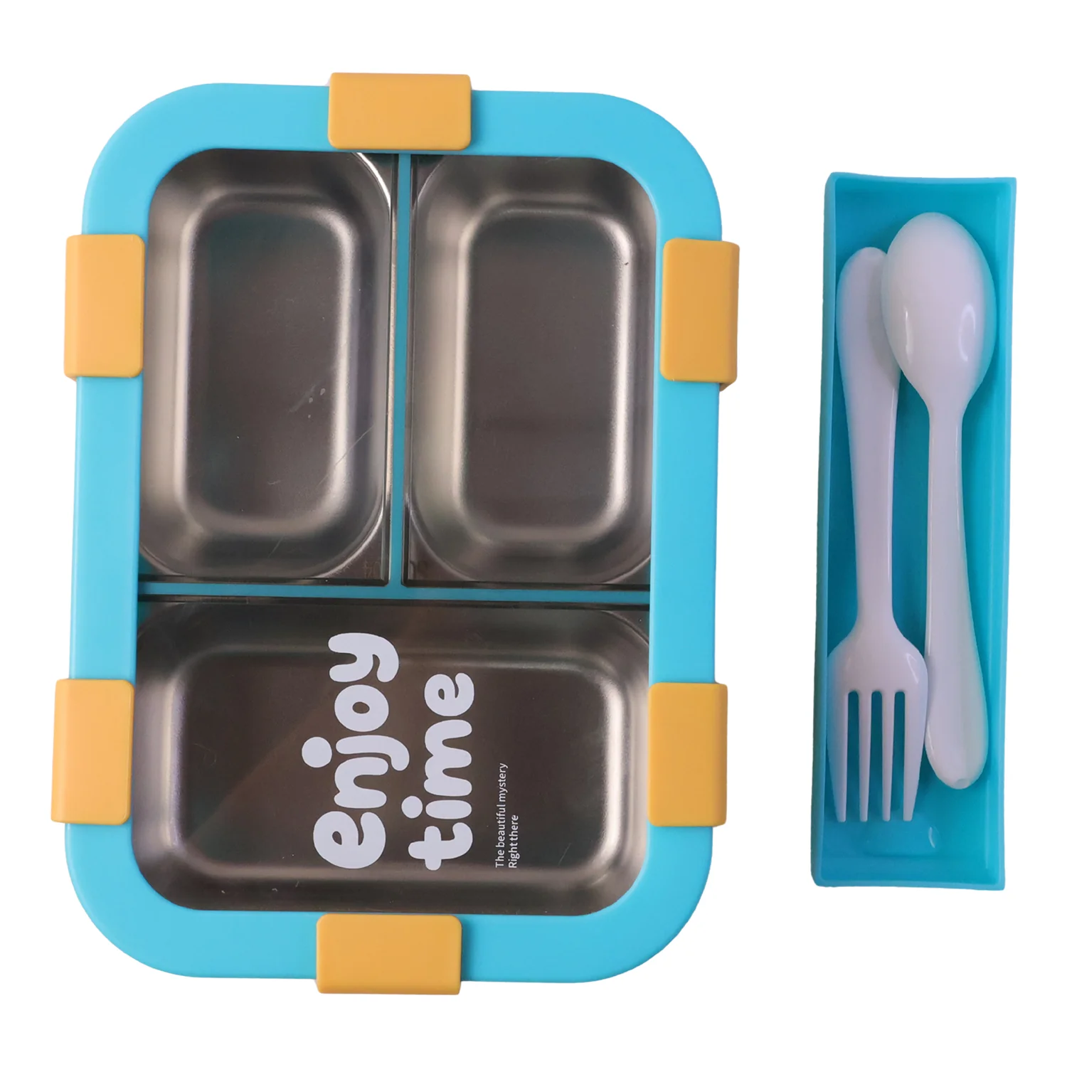 Airtight 3 Compartment Stainless Steel Lunch Box with Spoon & Fork – 600ml - Image 5