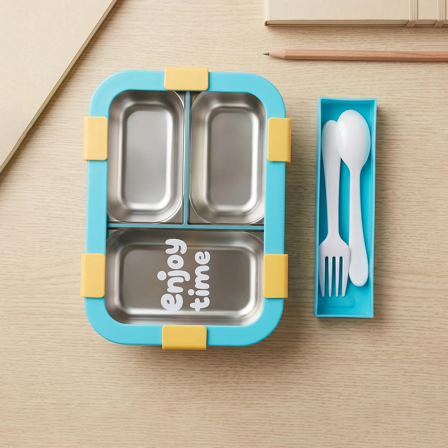 Airtight 3 Compartment Stainless Steel Lunch Box with Spoon & Fork – 600ml - Image 8