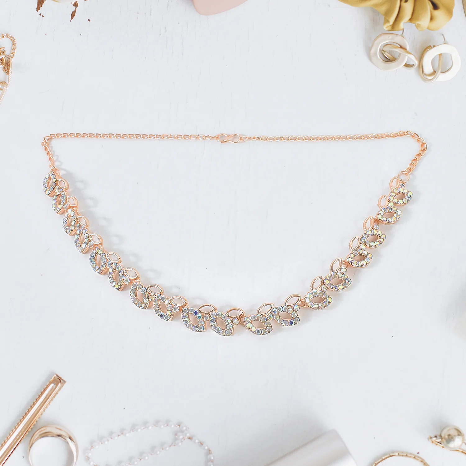 American Diamond Studded Floral Shaped Necklace With Earrings - Image 4
