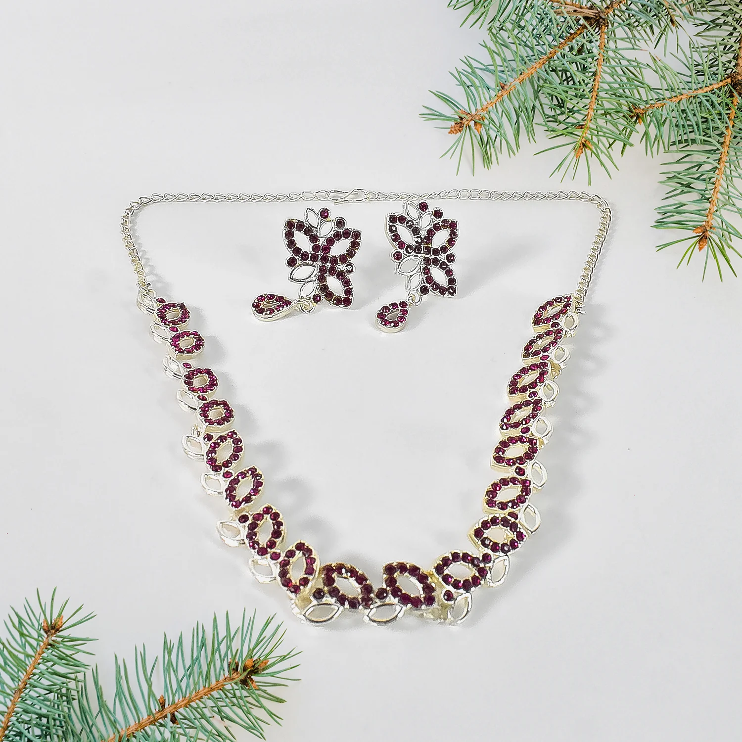American Diamond Studded Floral Shaped Necklace With Earrings - Image 2