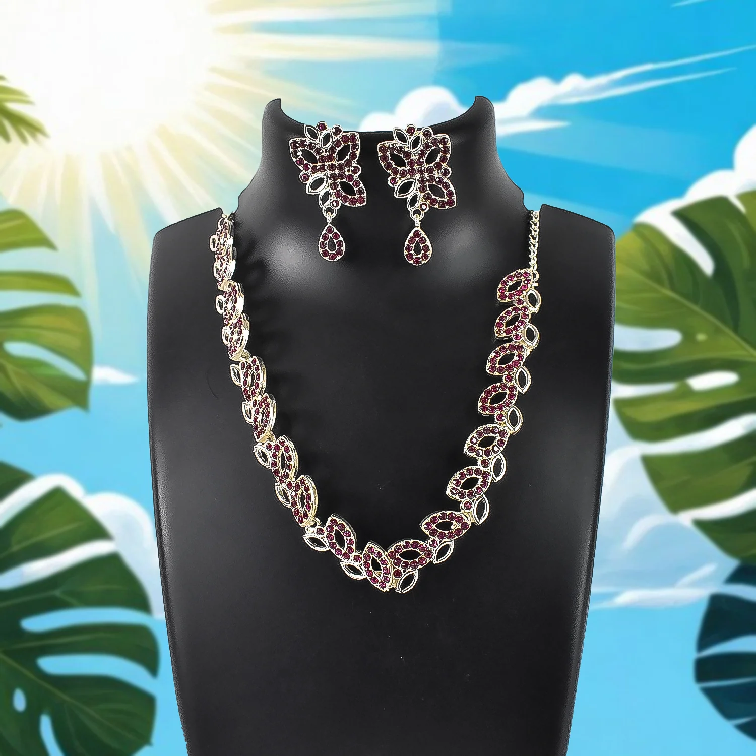 American Diamond Studded Floral Shaped Necklace With Earrings - Image 3