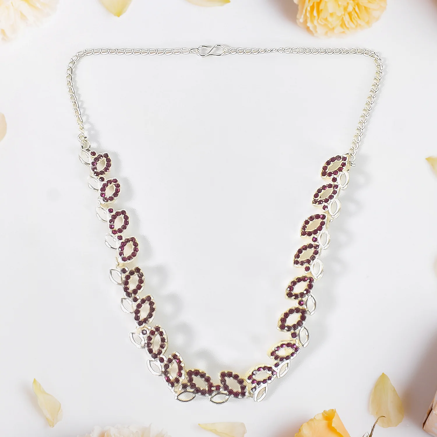 American Diamond Studded Floral Shaped Necklace With Earrings - Image 4