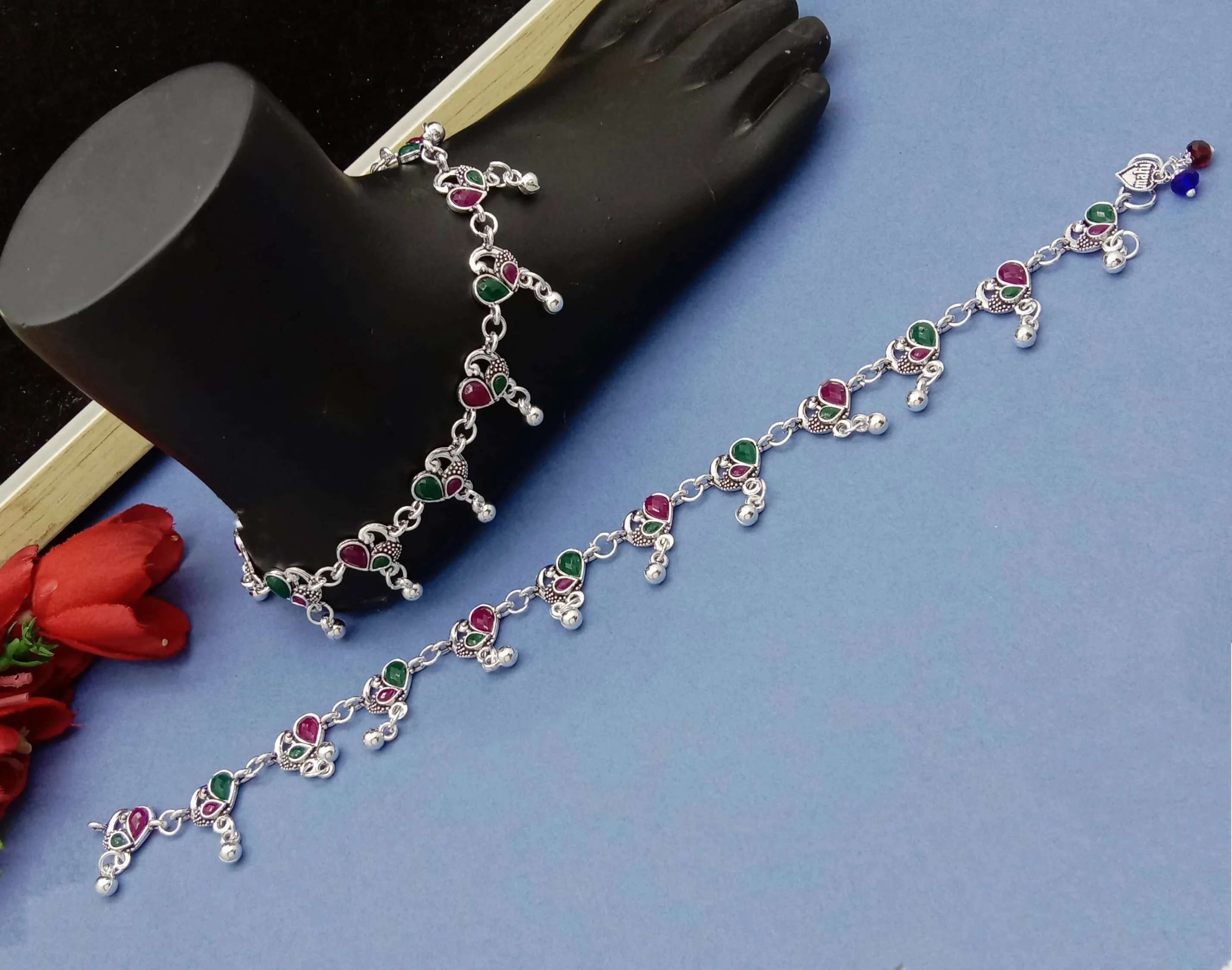 Traditional Silver Anklet with Red–Green Stones - Image 2