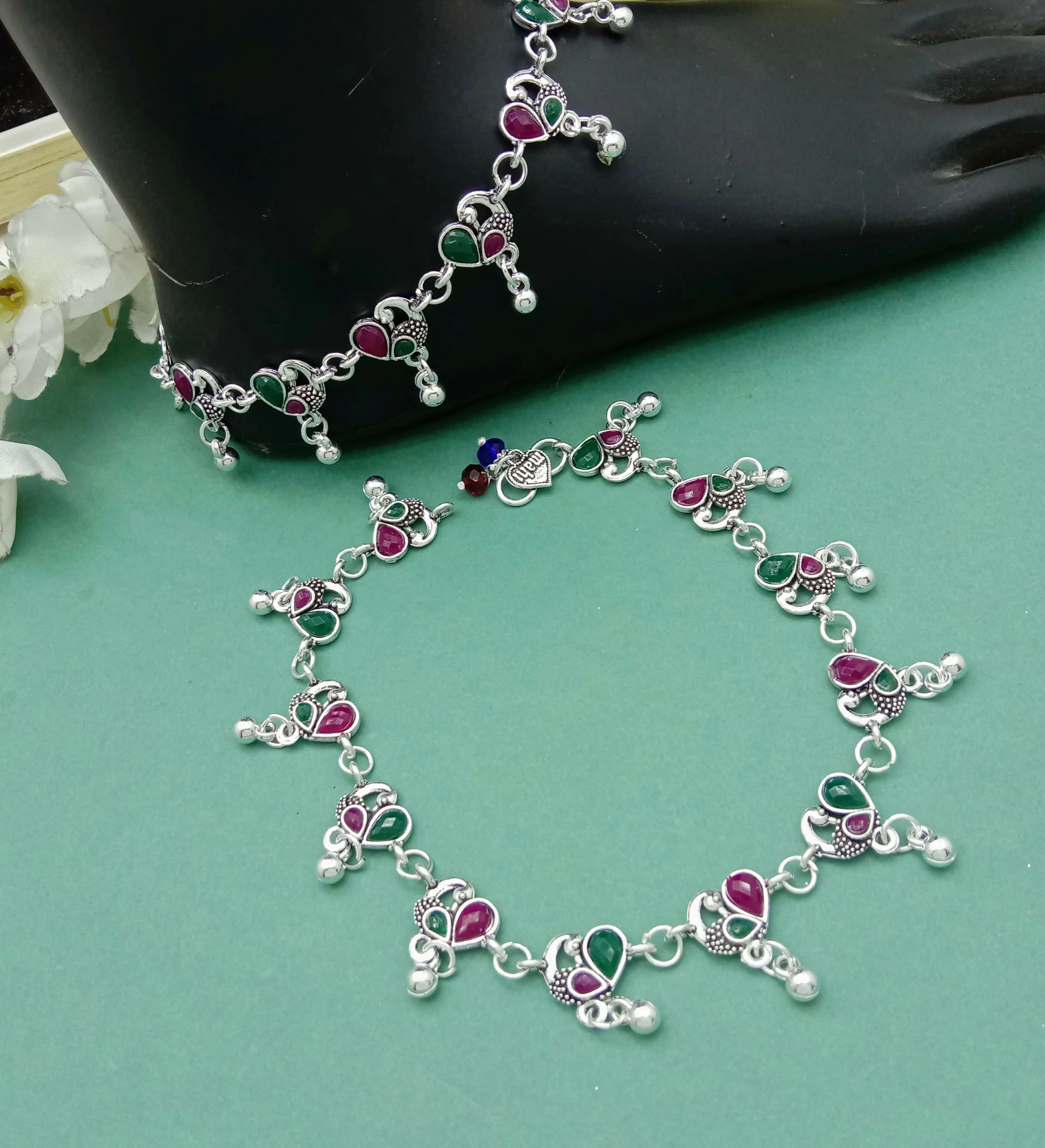 Traditional Silver Anklet with Red–Green Stones - Image 3