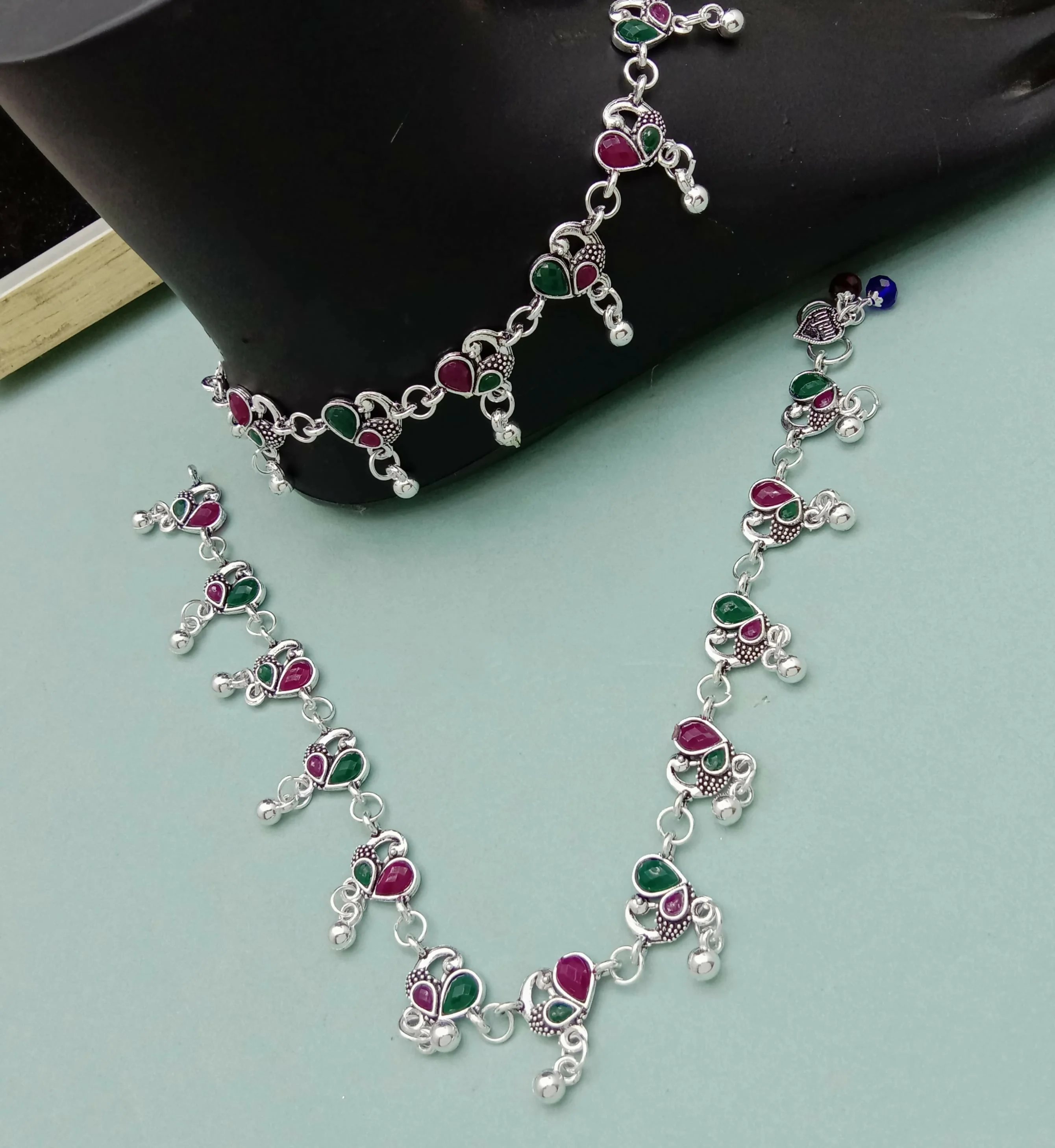 Traditional Silver Anklet with Red–Green Stones - Image 4