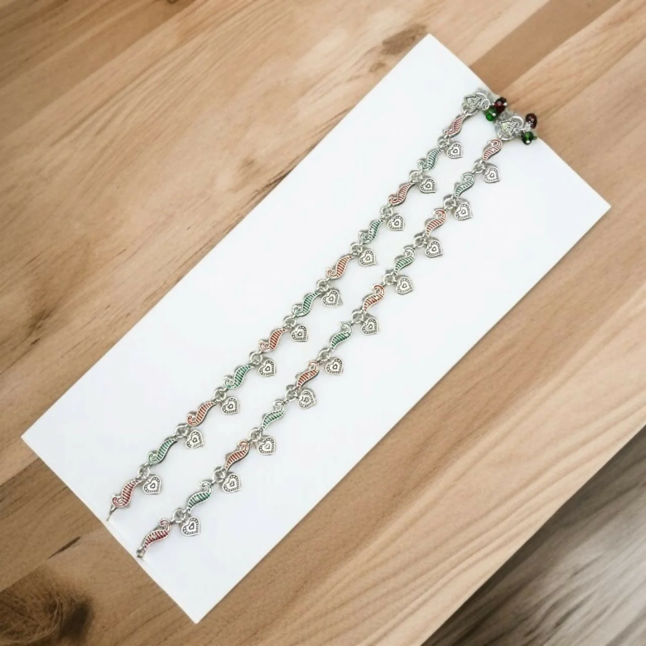 Eternal Love: Silver Heart and Peacock Festive Anklets - Image 2