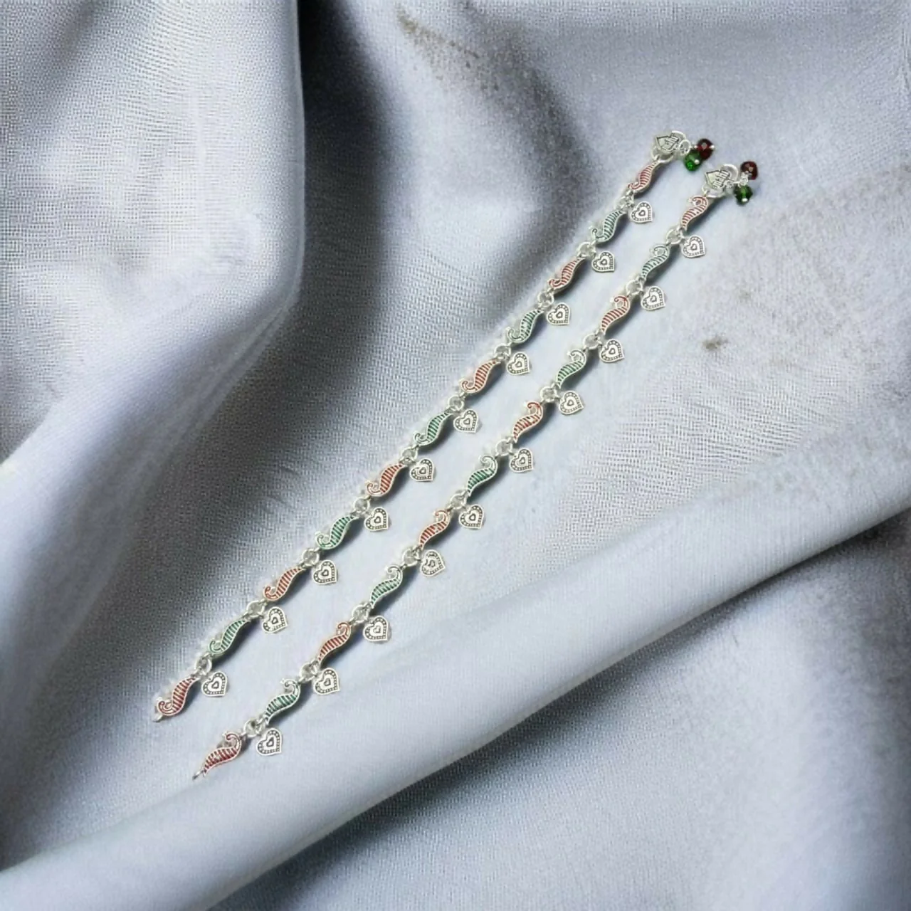 Eternal Love: Silver Heart and Peacock Festive Anklets - Image 3