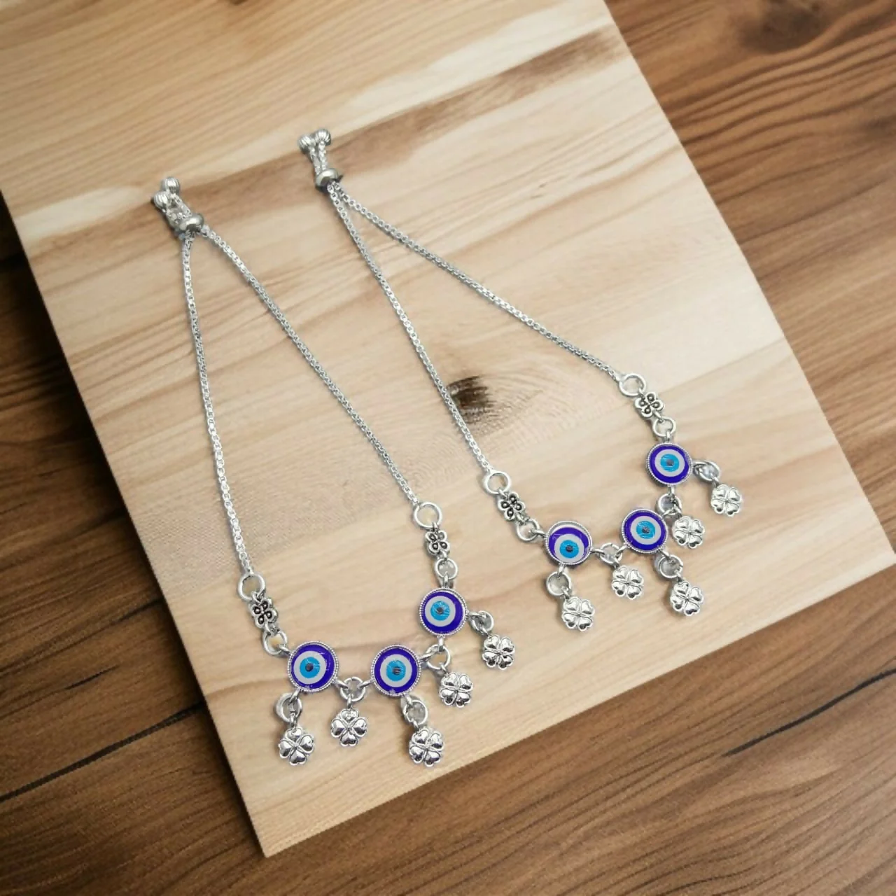 Evil Eye & Four-Leaf Clover Charm Adjustable Silver Anklets - Image 2