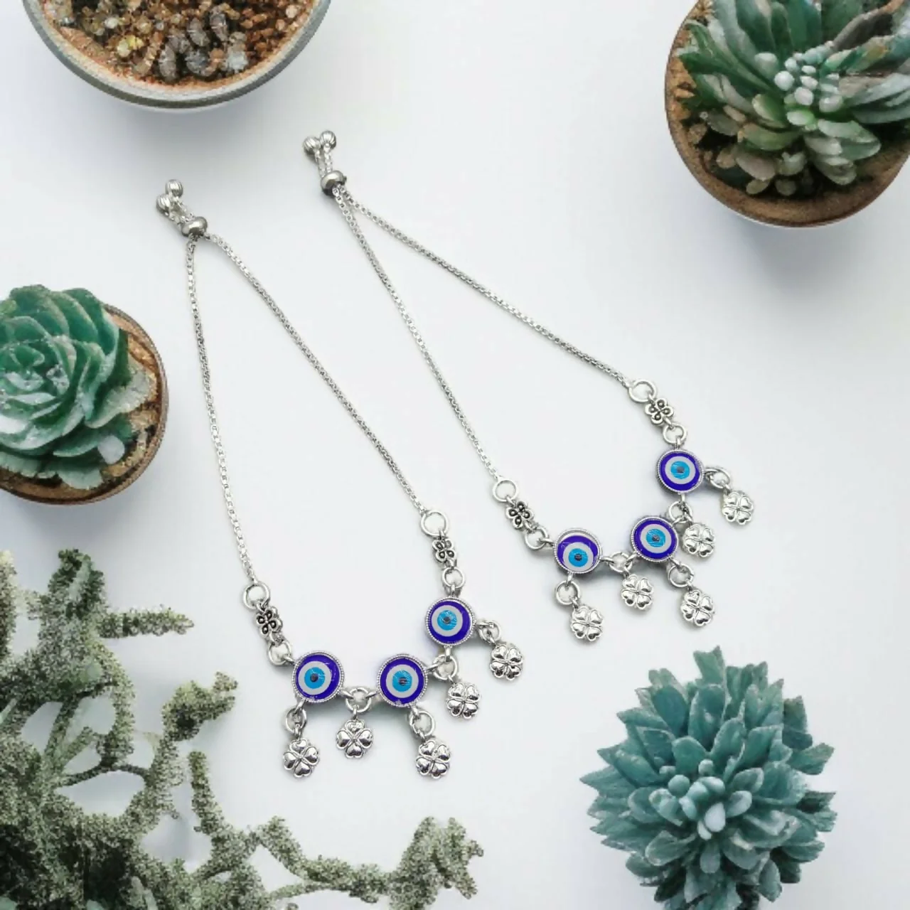 Evil Eye & Four-Leaf Clover Charm Adjustable Silver Anklets - Image 3