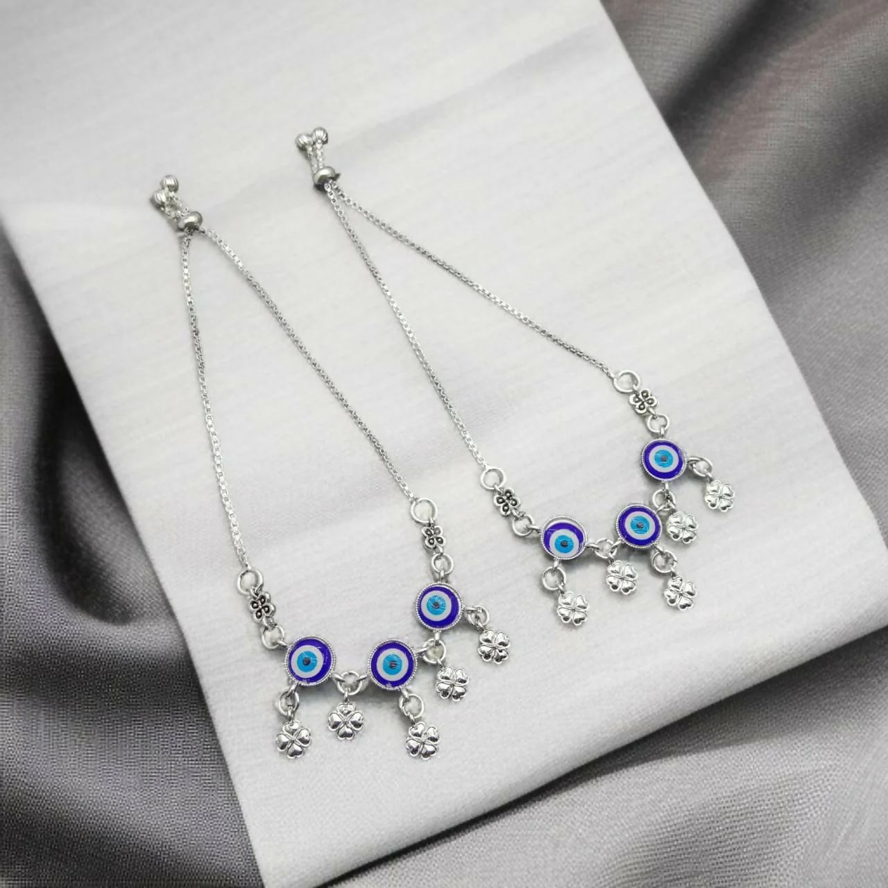 Evil Eye & Four-Leaf Clover Charm Adjustable Silver Anklets - Image 4