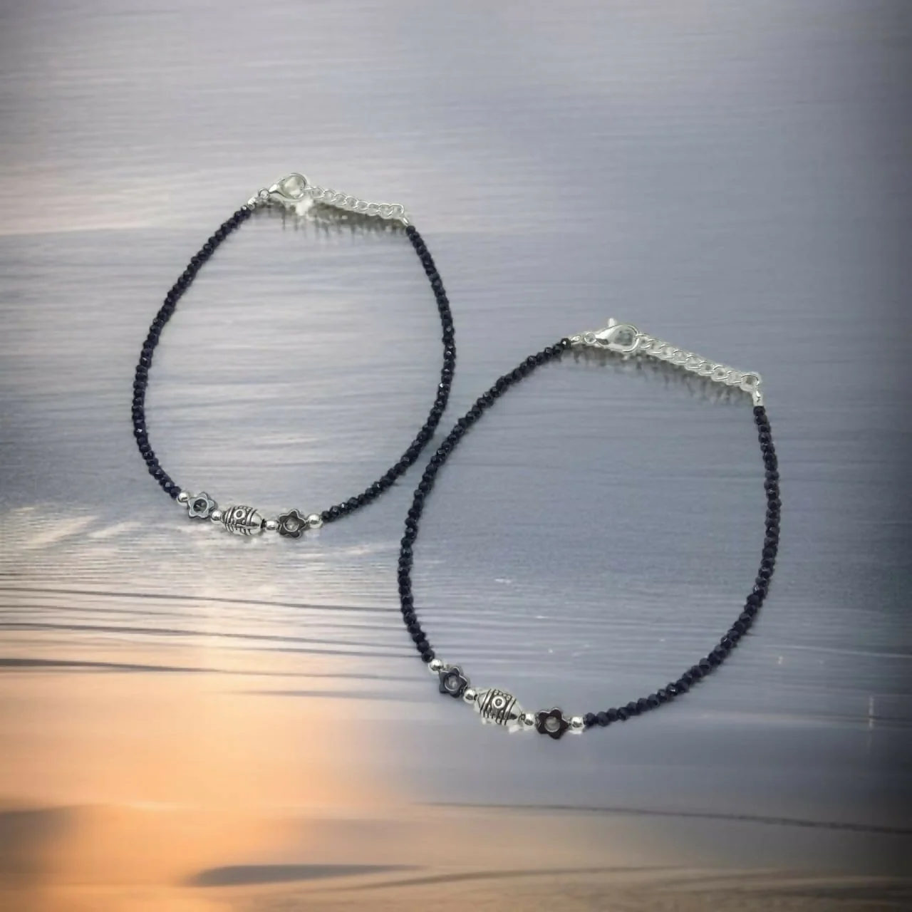 Floral & Filigree Black Beaded Anklet Set - Image 2