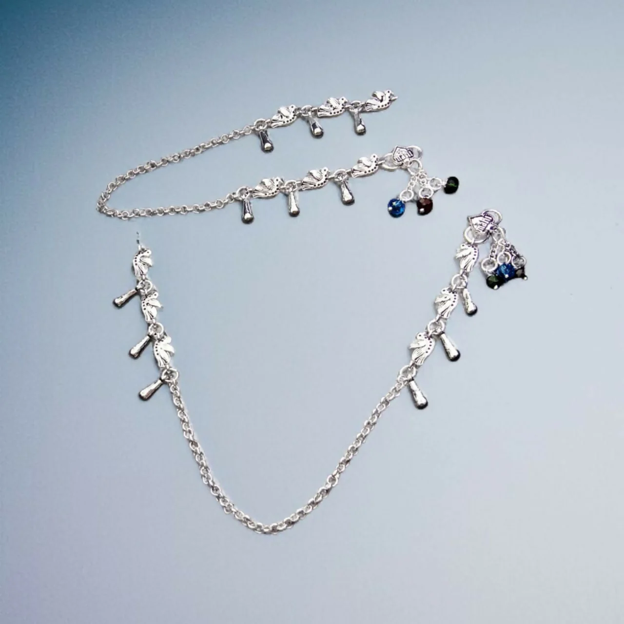 Nature-Inspired Silver Link Anklets with Hanging Drop Accents - Image 2