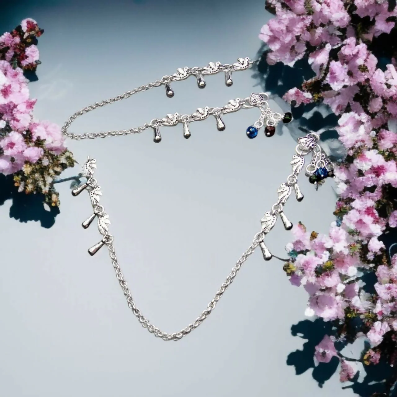 Nature-Inspired Silver Link Anklets with Hanging Drop Accents - Image 3
