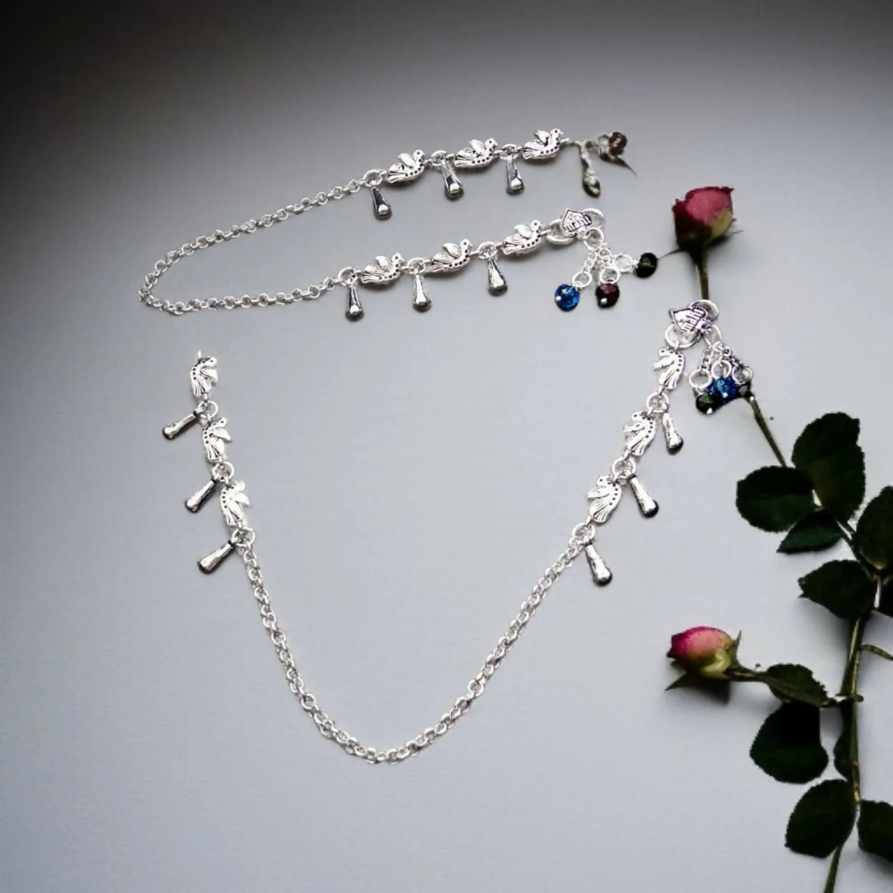 Nature-Inspired Silver Link Anklets with Hanging Drop Accents - Image 4
