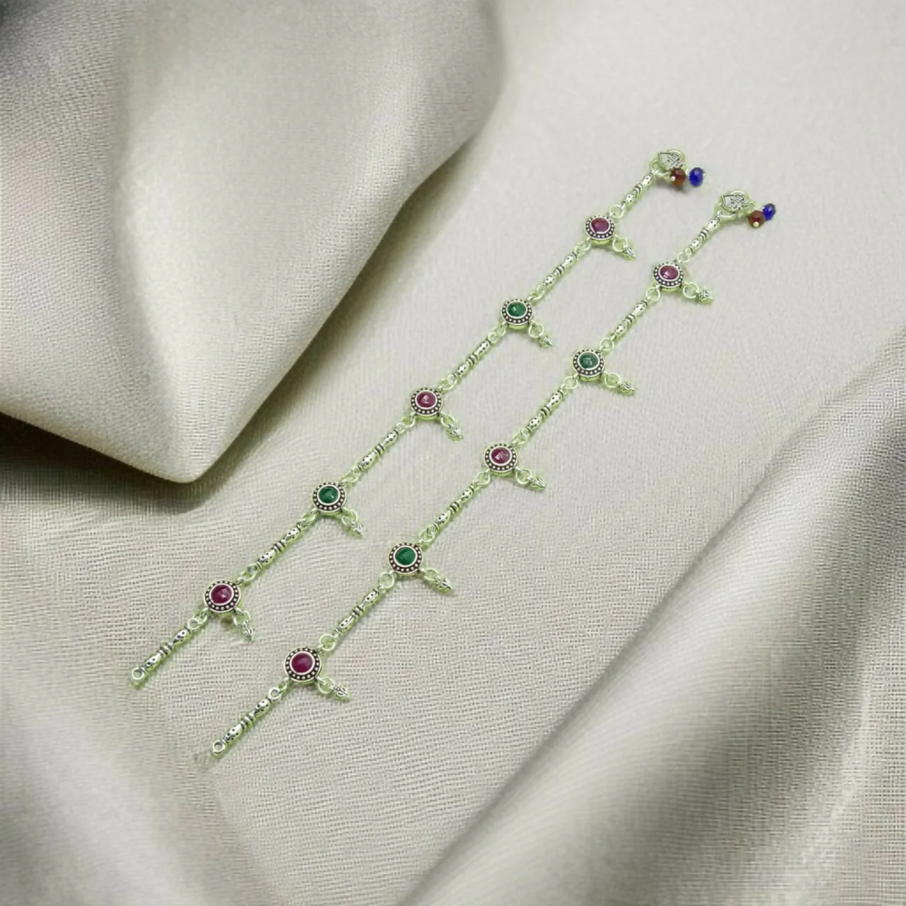 Traditional Silver Anklet Set with Red & Green Stones - Image 2