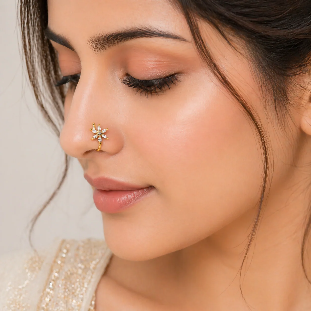 Anti Tarnish Stylish Gold-Plated Nose Stud with Clear Gemstones for Women & Girls - Image 4