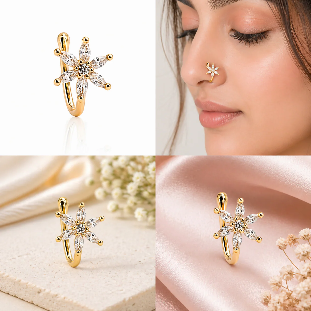 Anti Tarnish Stylish Gold-Plated Nose Stud with Clear Gemstones for Women & Girls - Image 5