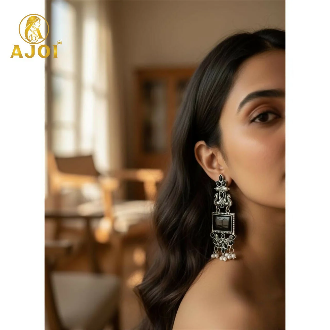 Antique Black Square Stone Oxidised Silver Ethnic Earrings with Pearl Drops | Antique Temple-Style Statement Earrings for Women & Girls - Image 2
